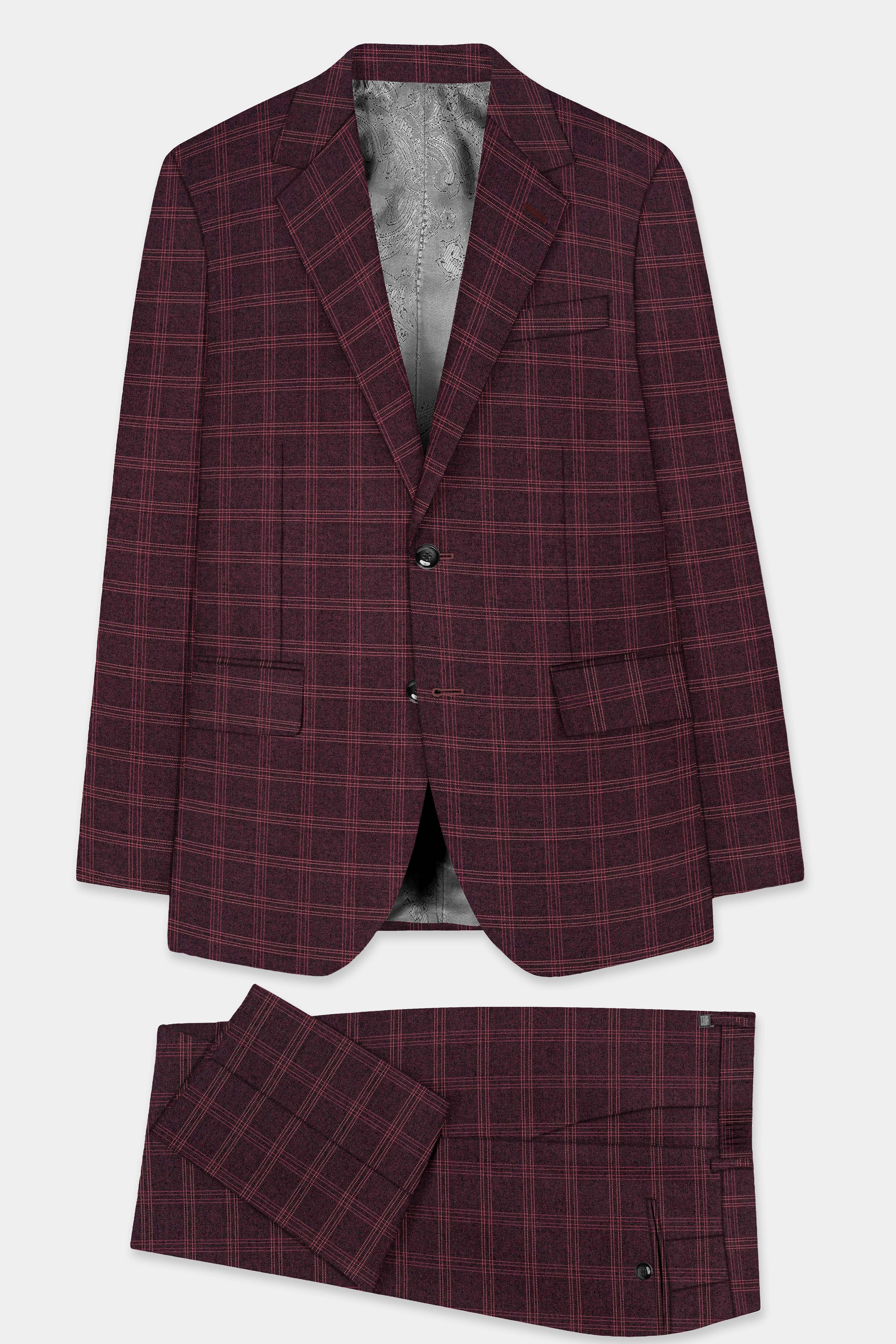 Russett Maroon Plaid Wool Rich Single Breasted Suit