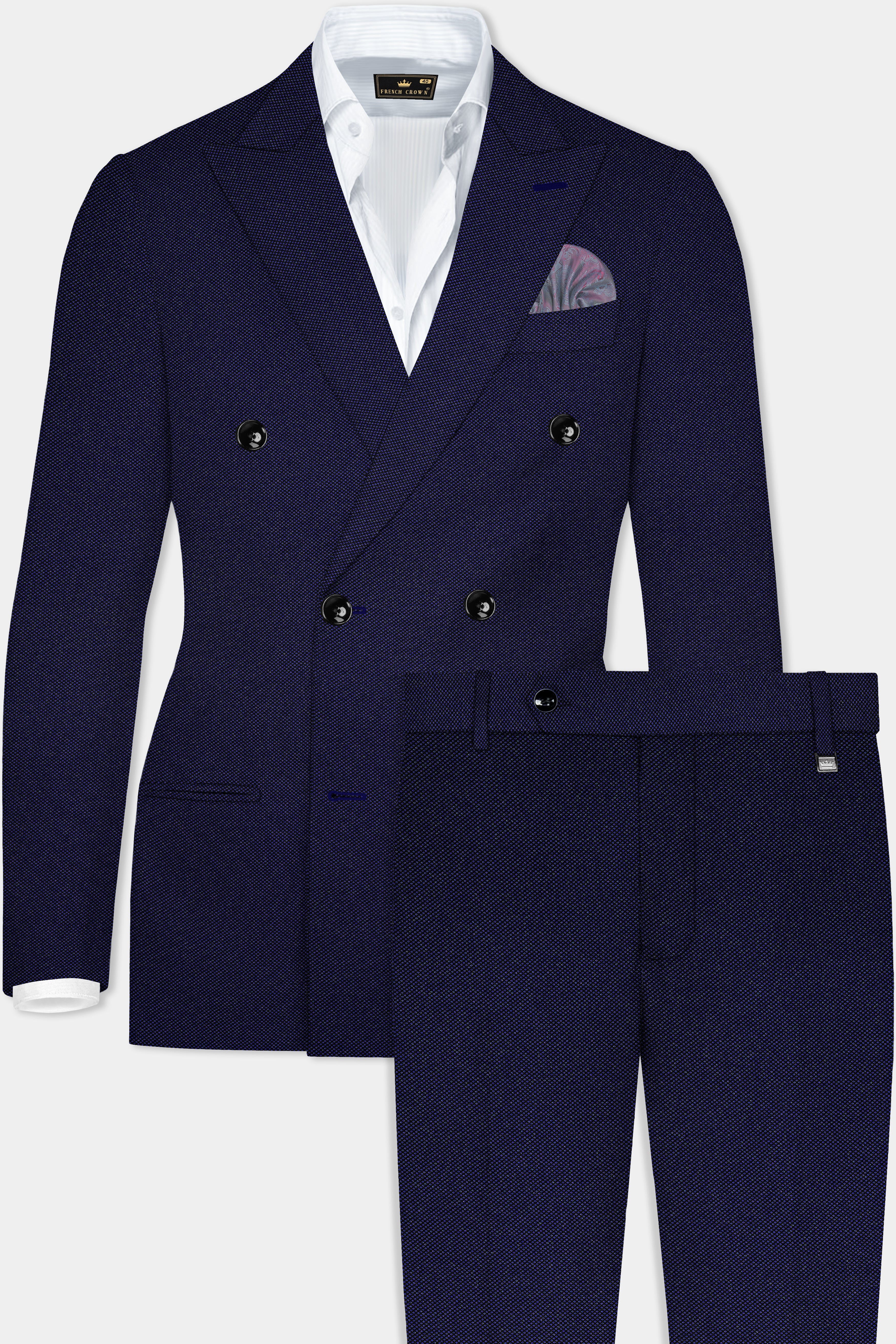 Midnight Blue Textured Wool Rich Double Breasted Suit