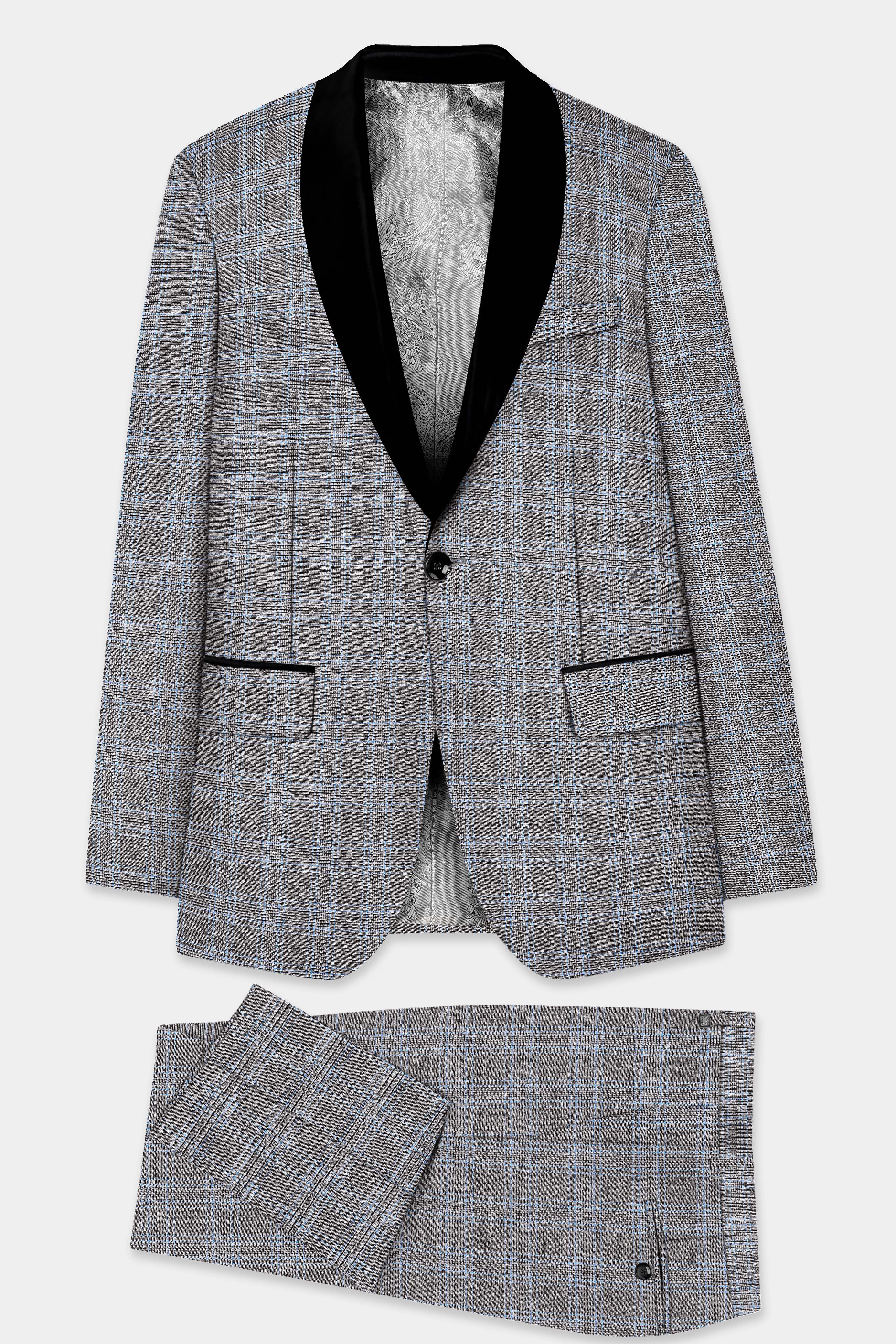 Smokey Gray And Spindle Blue Plaid Wool Rich Tuxedo Suit