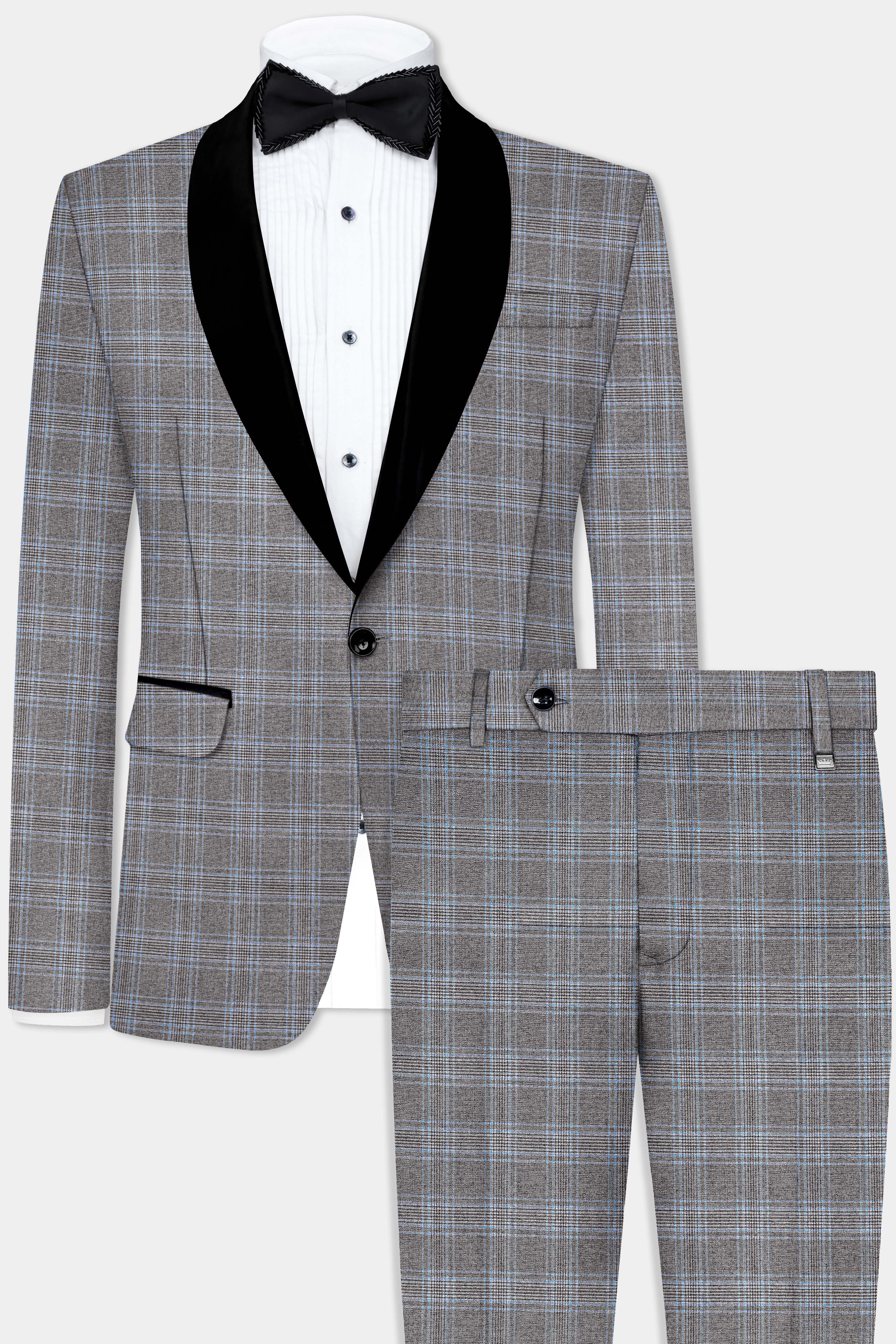 Smokey Gray And Spindle Blue Plaid Wool Rich Tuxedo Suit