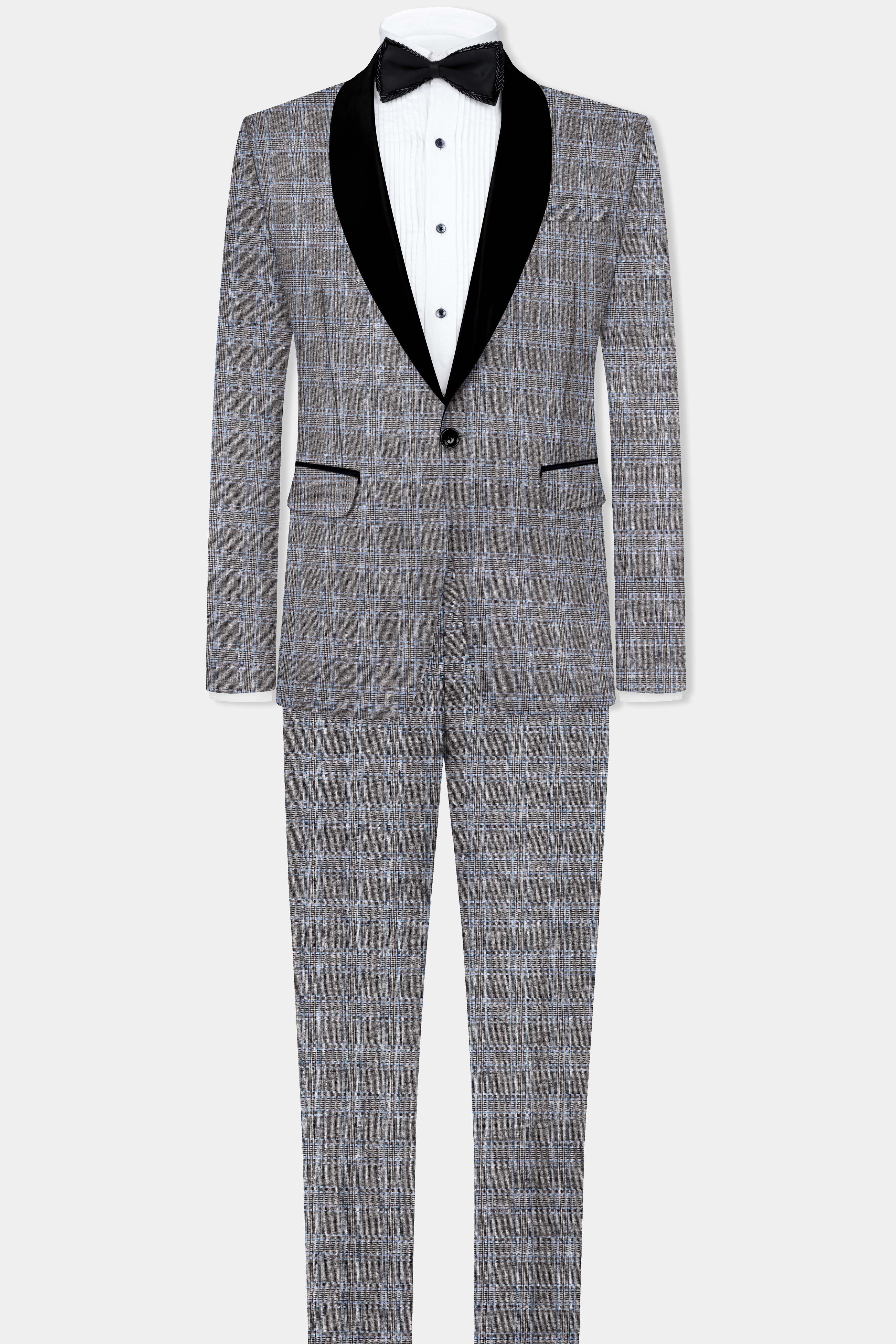 Smokey Gray And Spindle Blue Plaid Wool Rich Tuxedo Suit