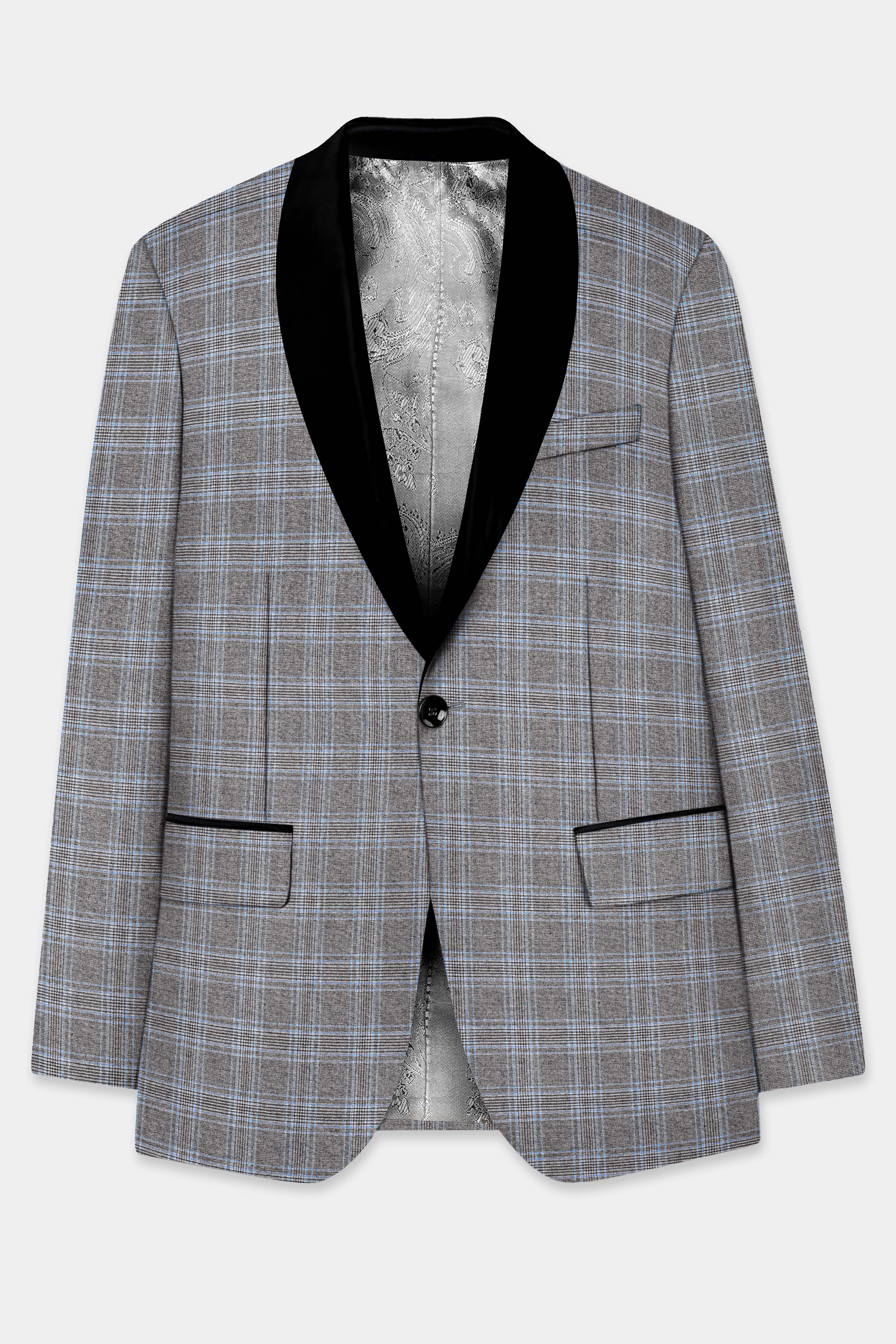 Smokey Gray And Spindle Blue Plaid Wool Rich Tuxedo Suit