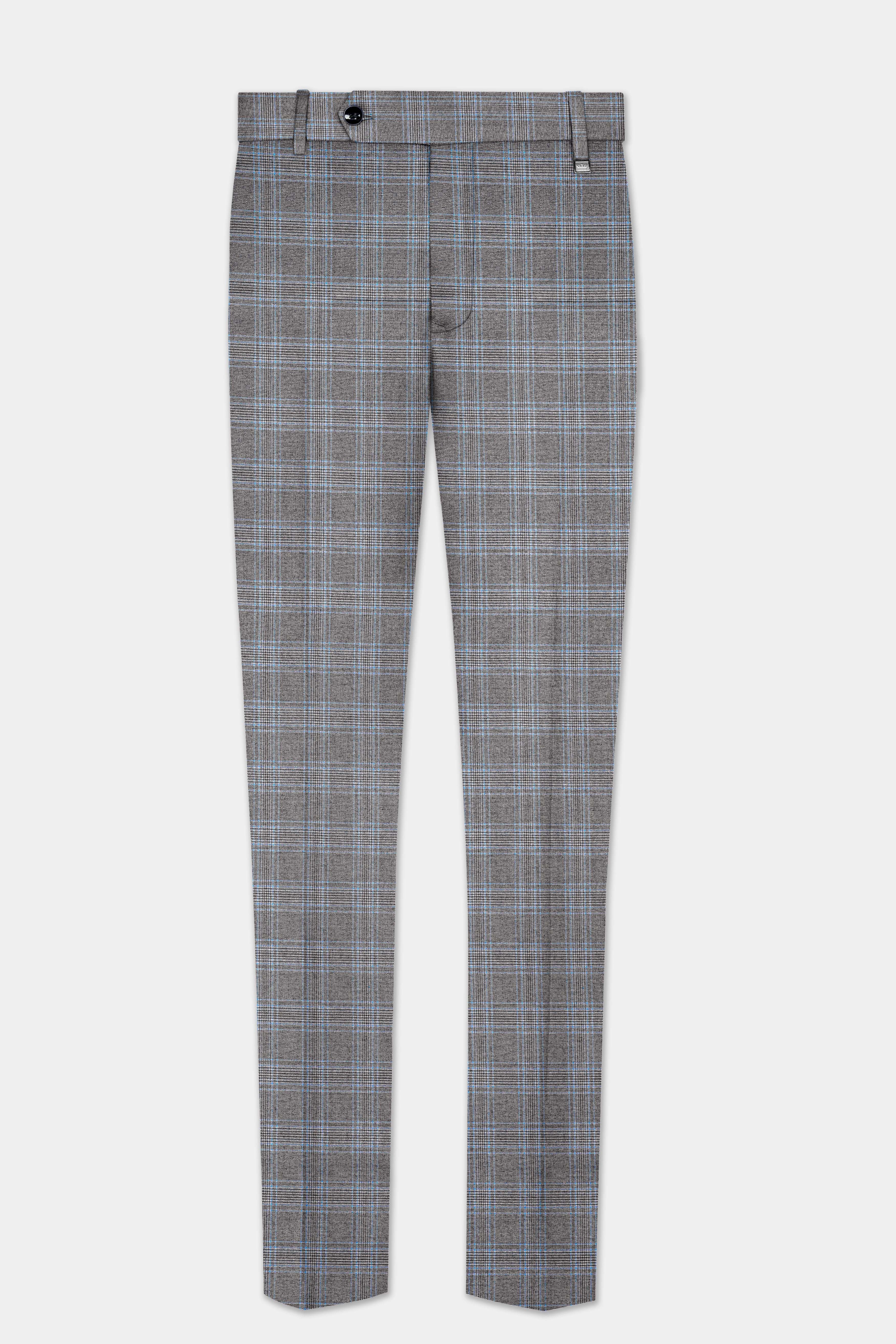 Smokey Gray And Spindle Blue Plaid Wool Rich Belt Closure Designer Suit