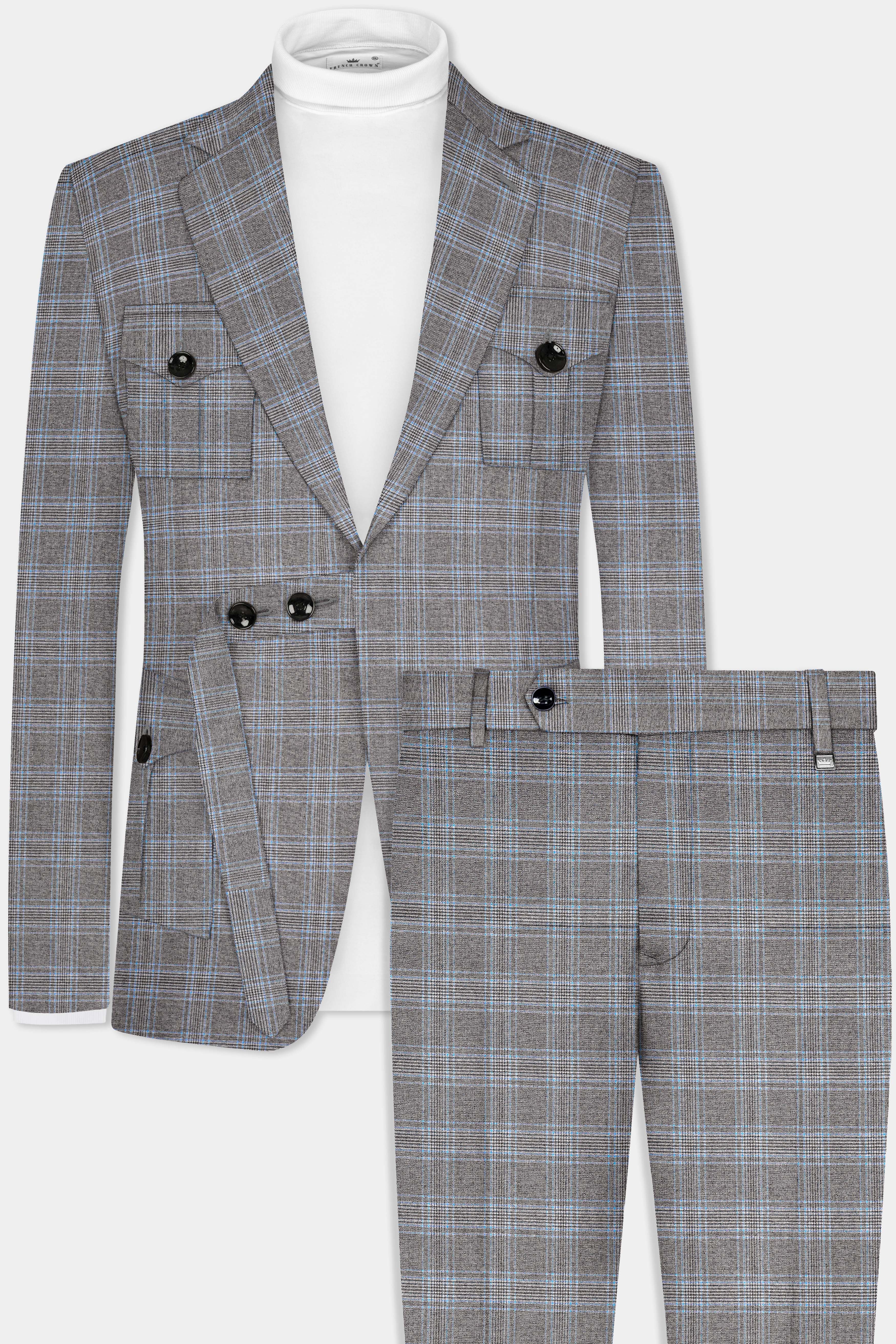 Smokey Gray And Spindle Blue Plaid Wool Rich Belt Closure Designer Suit