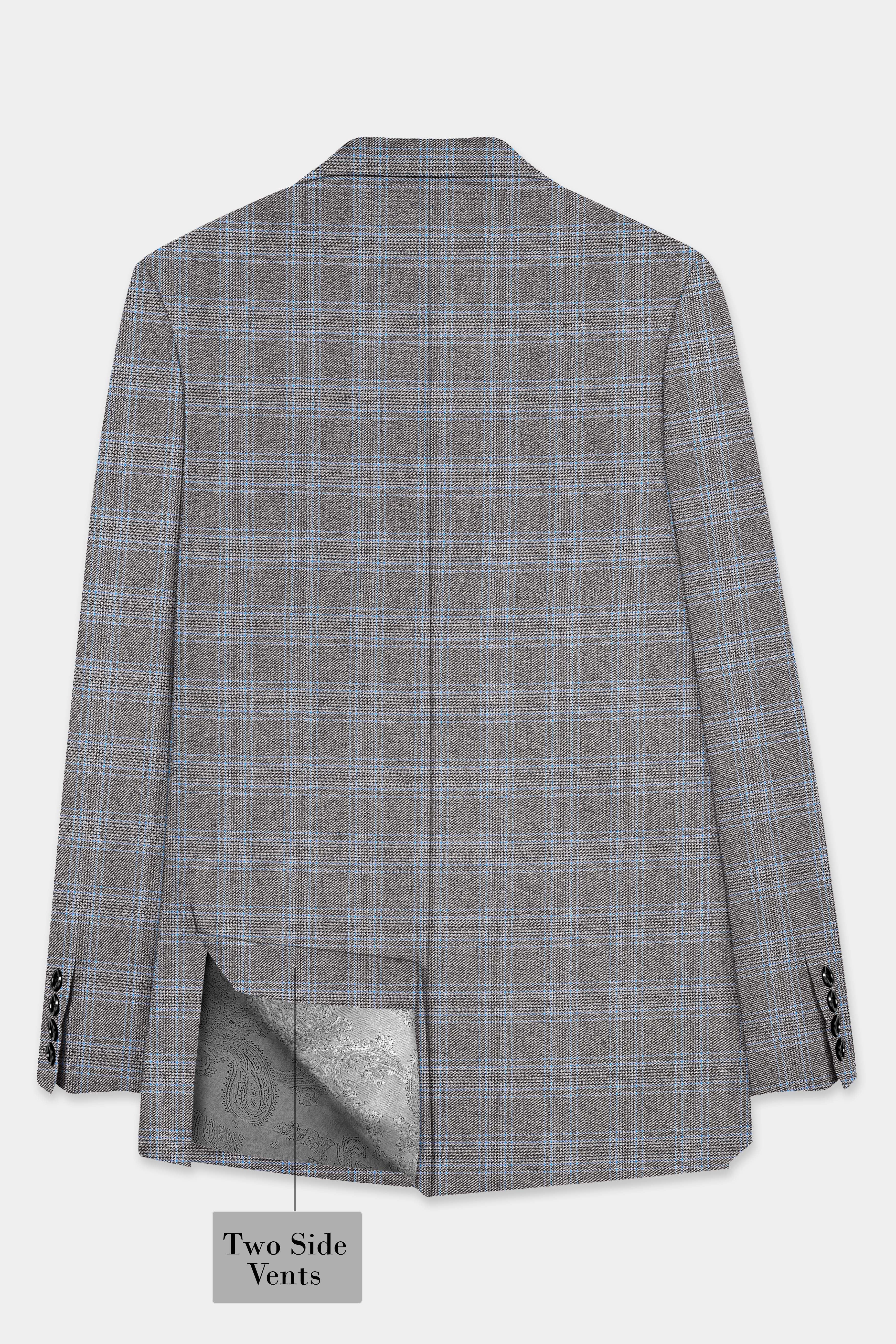 Smokey Gray And Spindle Blue Plaid Wool Rich Belt Closure Designer Suit