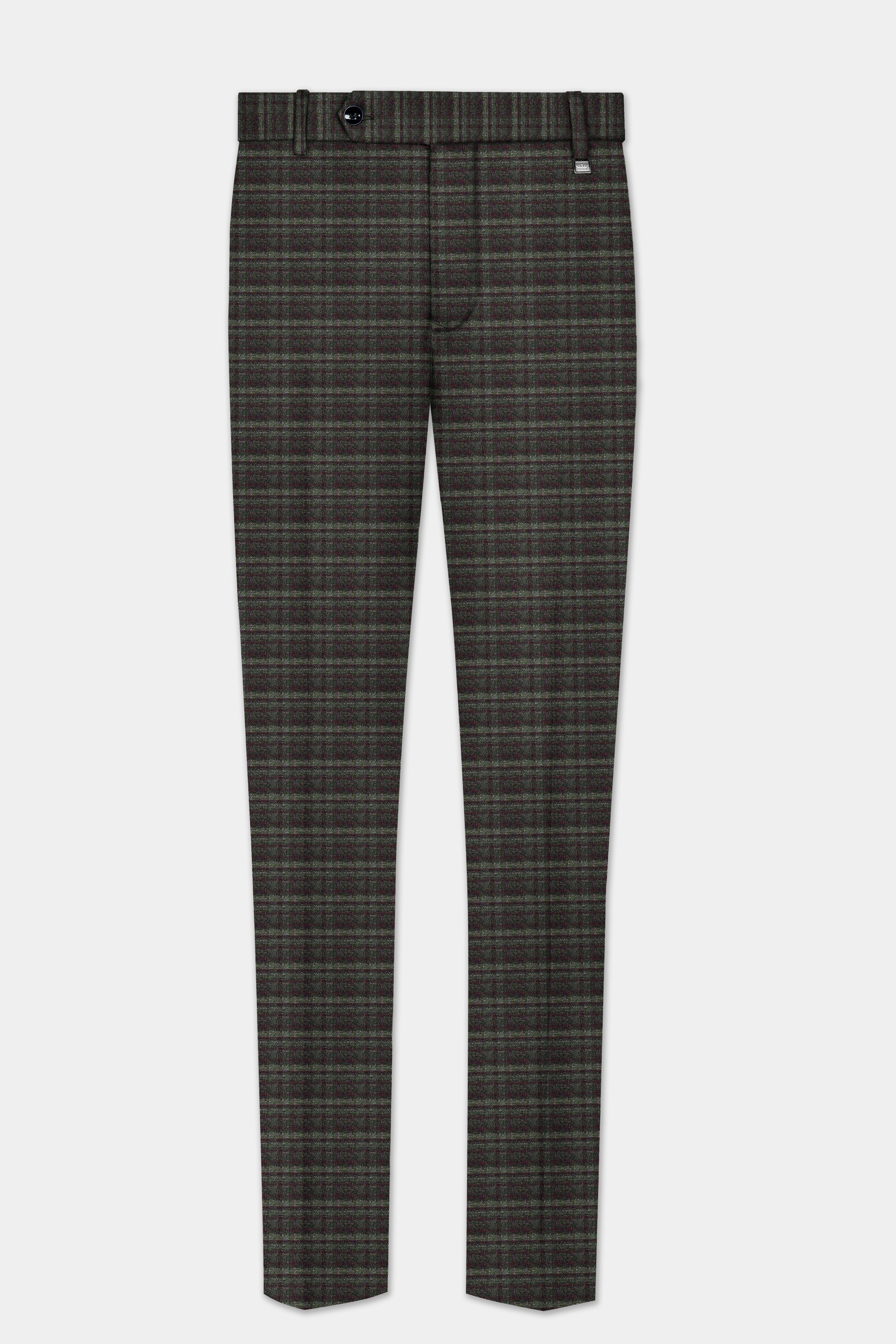 Zeus Gray And Lisbon Green Plaid Wool Rich Bandhgala Suit