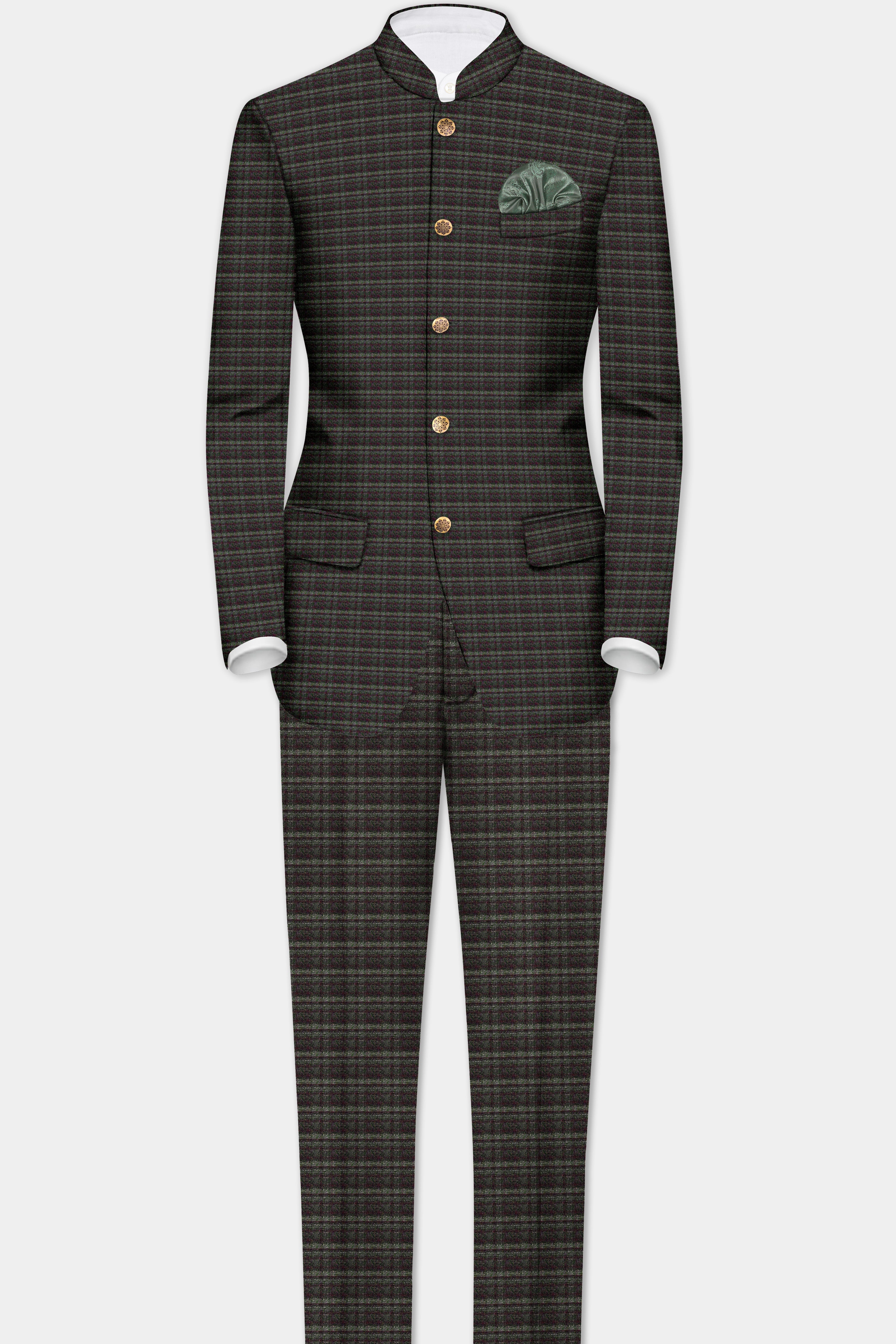 Zeus Gray And Lisbon Green Plaid Wool Rich Bandhgala Suit