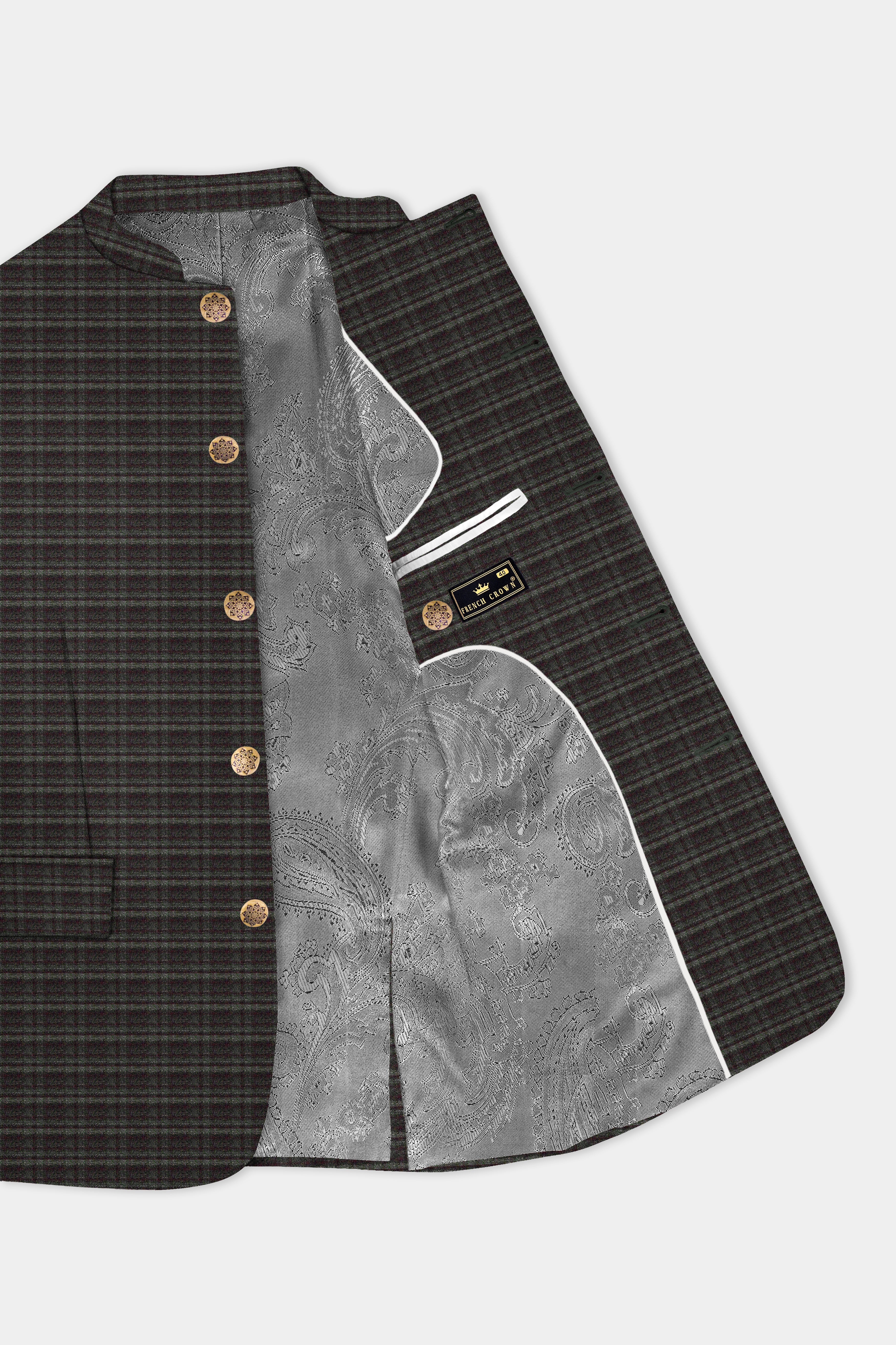 Zeus Gray And Lisbon Green Plaid Wool Rich Bandhgala Suit