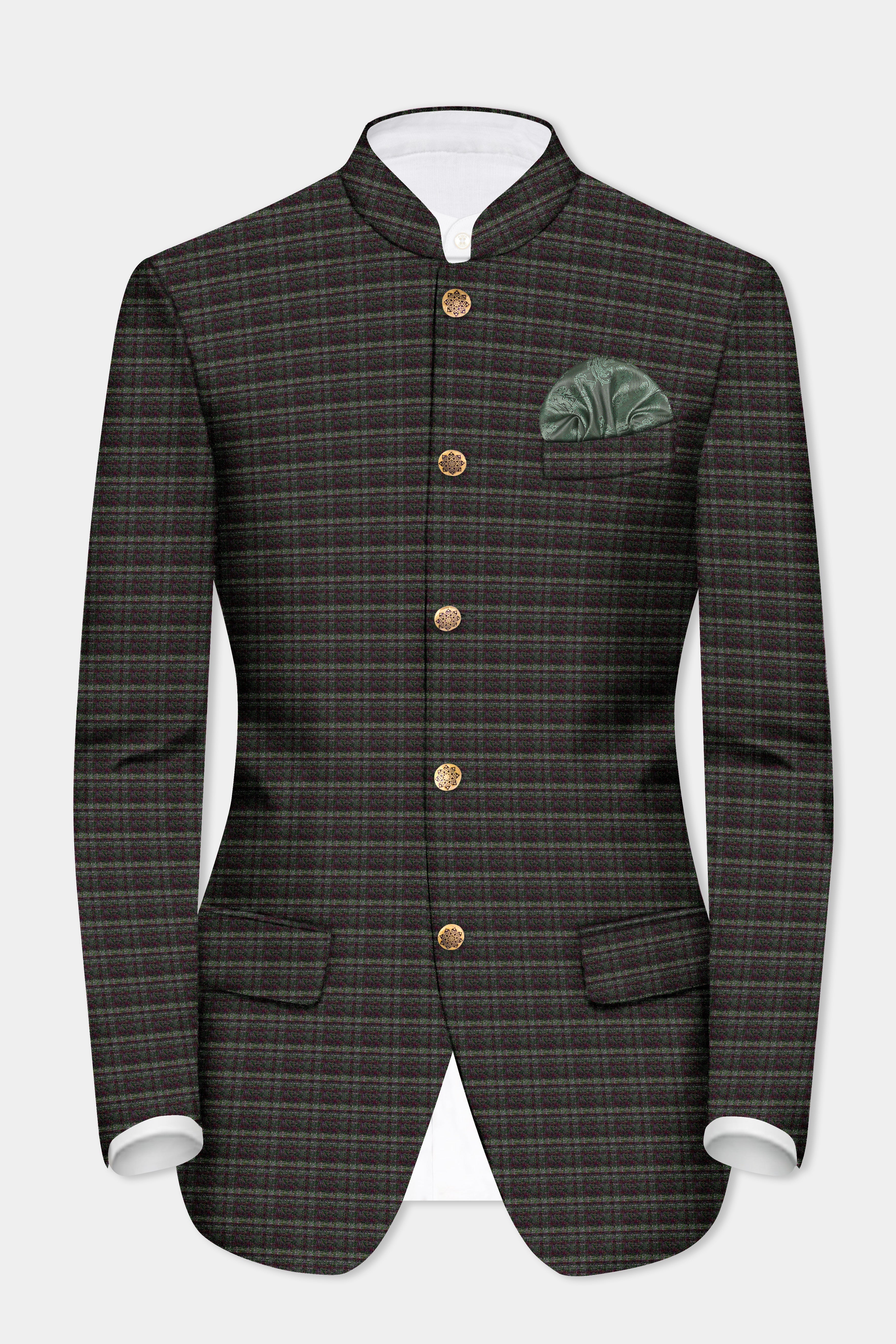 Zeus Gray And Lisbon Green Plaid Wool Rich Bandhgala Suit