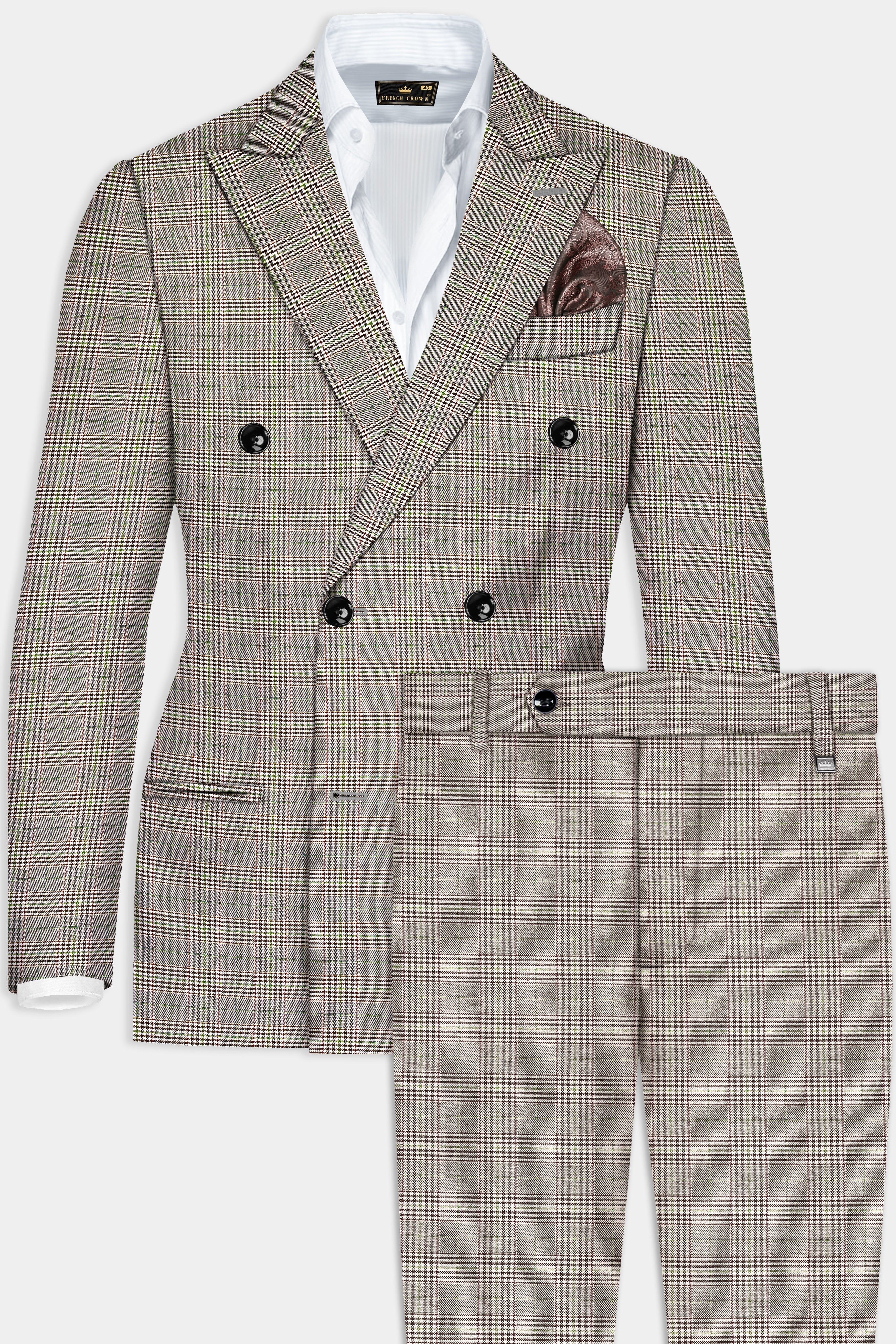 Café Noir Brown Plaid Wool Rich Double Breasted Suit