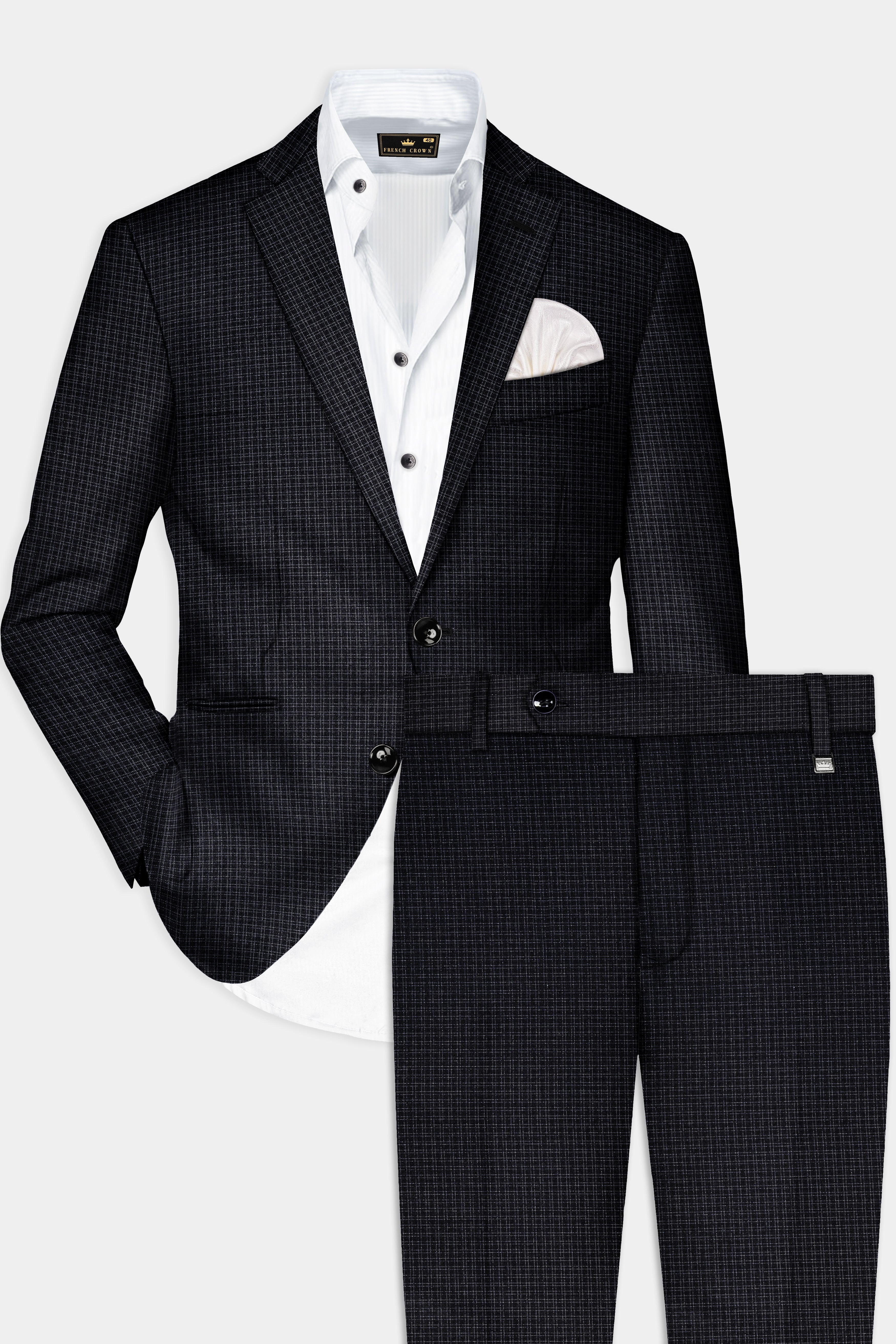 Bunker Black Micro Checked Wool Rich Single Breasted Slim Lapel Suit