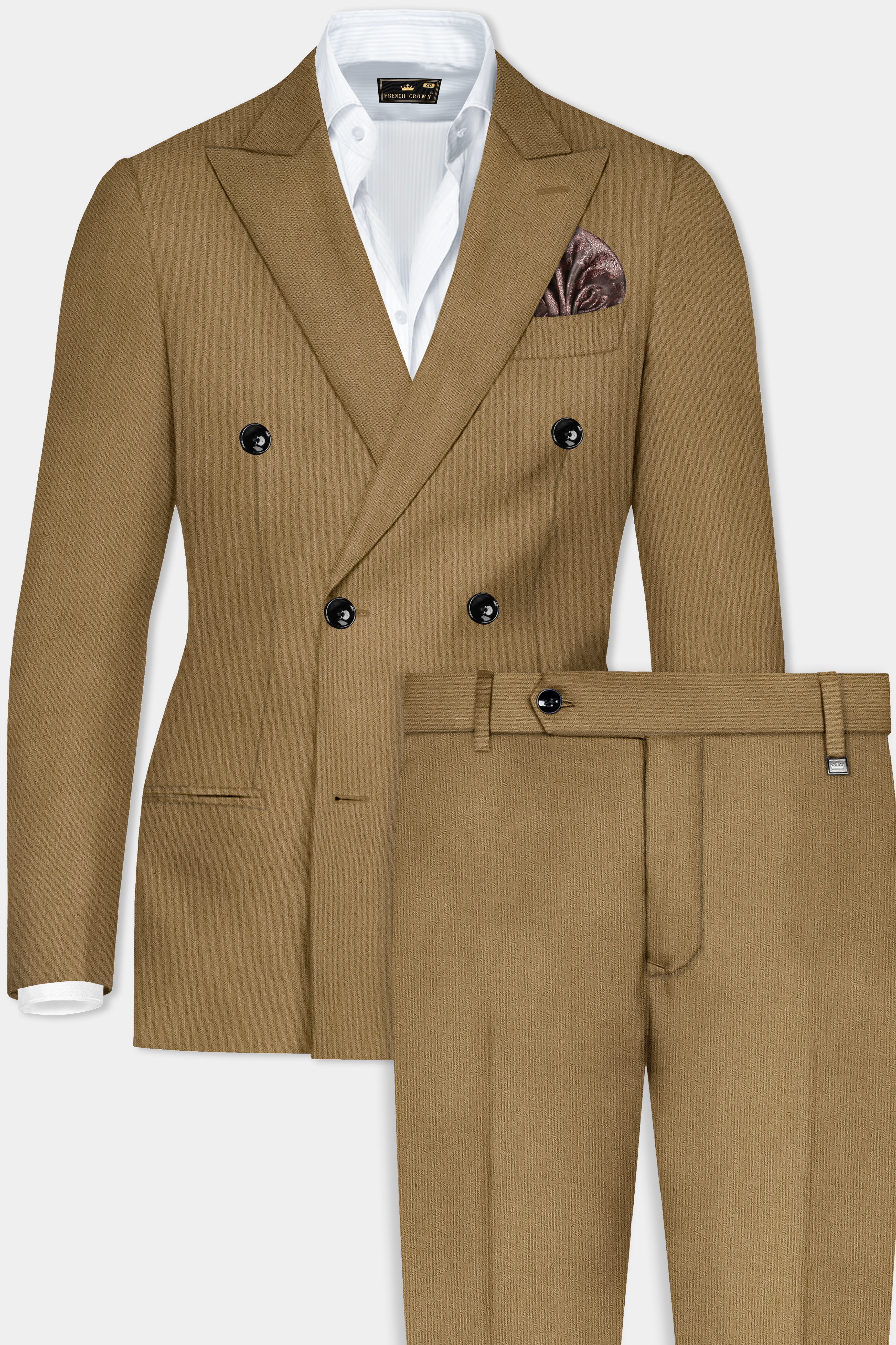 Sandrift Brown Solid Cotton Double Breasted Suit