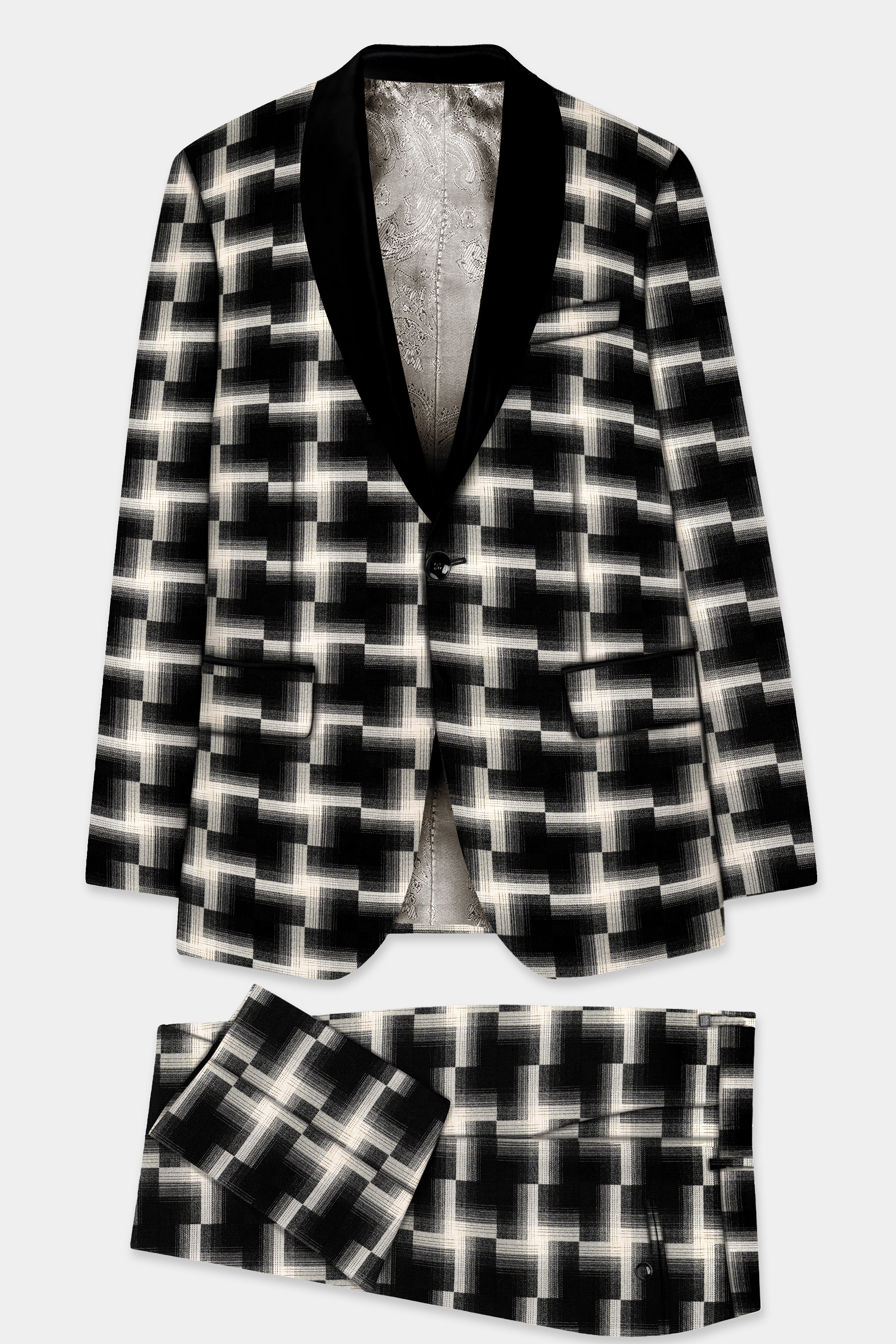 Jade Black And Almond Cream Printed Wool Rich Tuxedo Suit