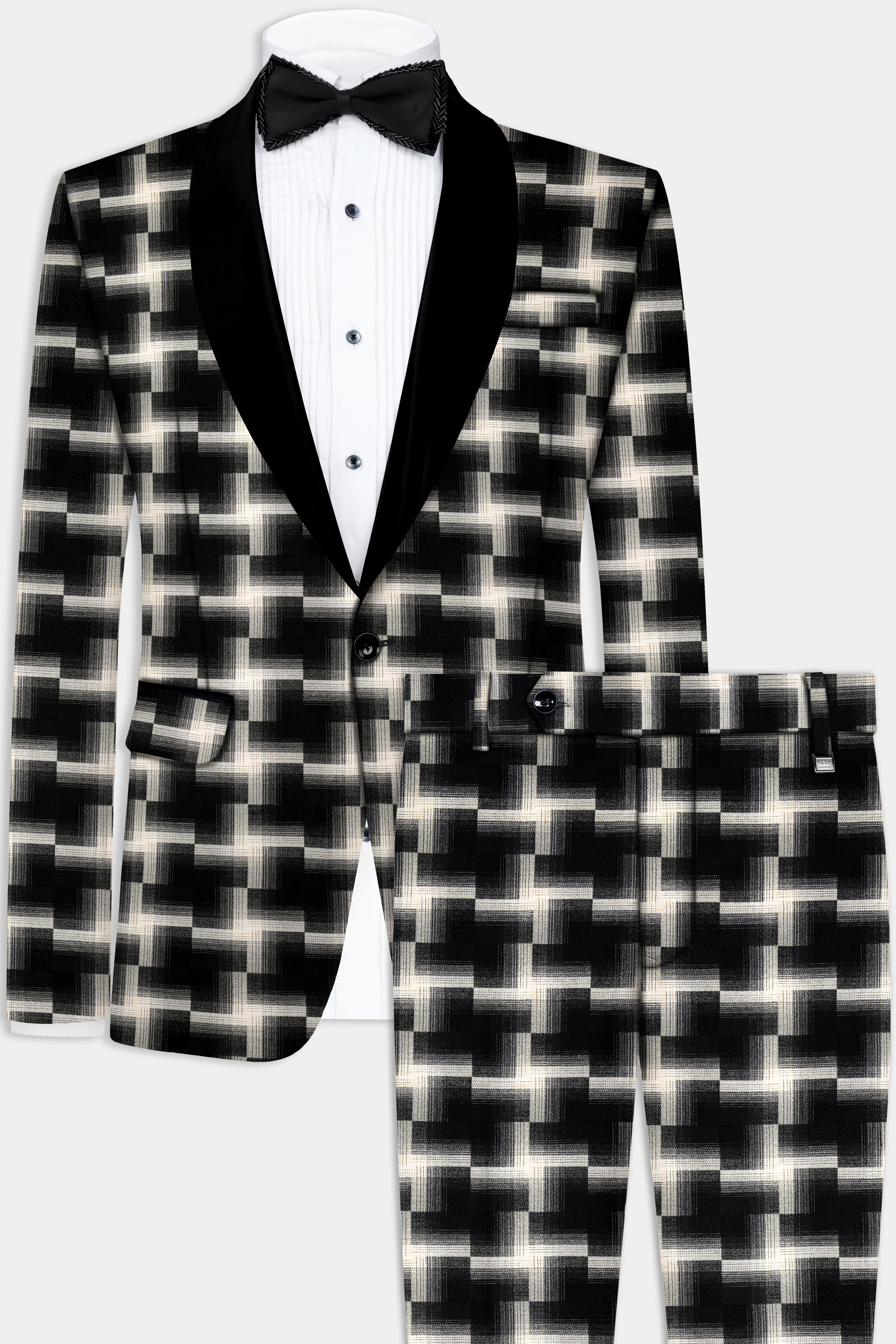 Jade Black And Almond Cream Printed Wool Rich Tuxedo Suit