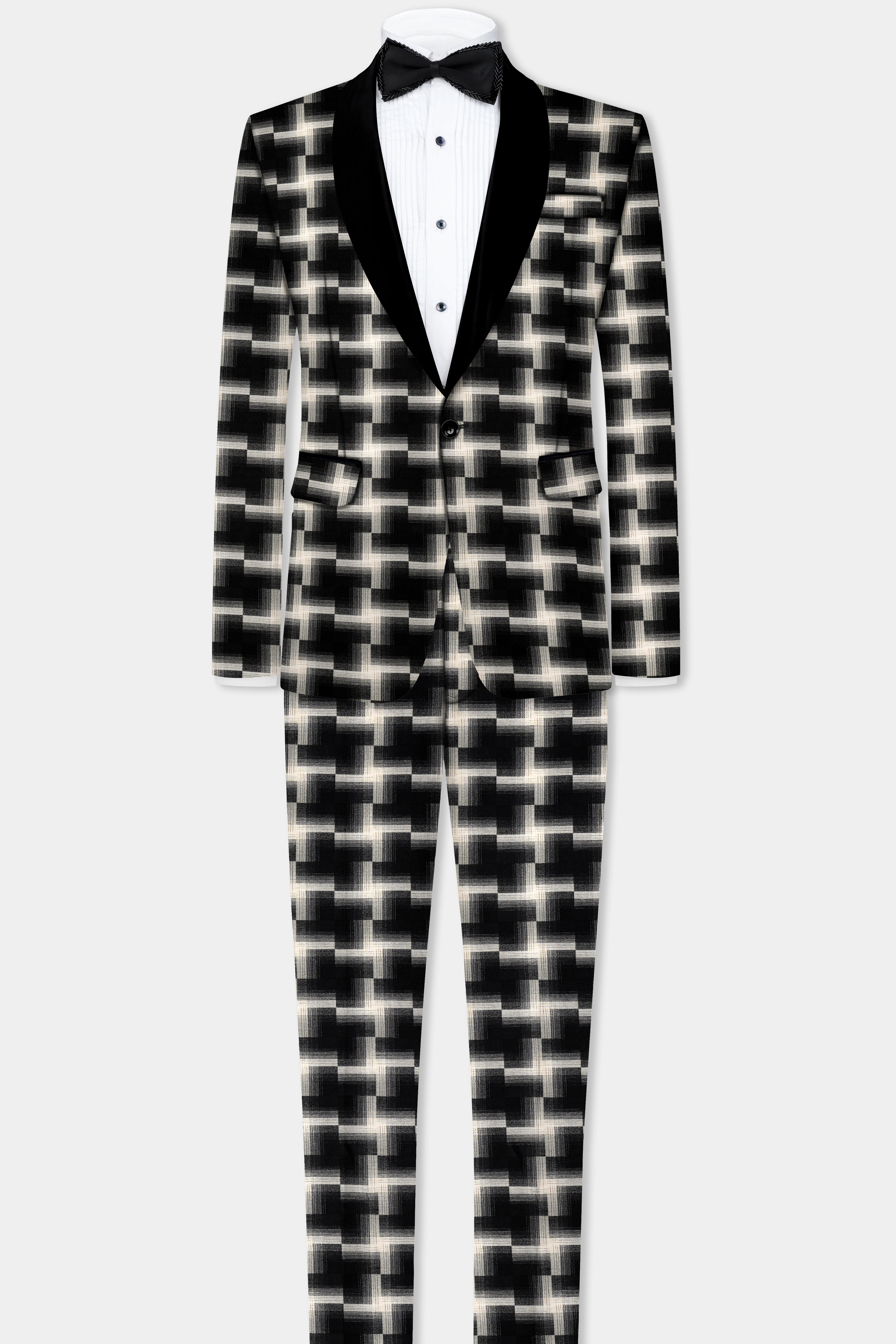 Jade Black And Almond Cream Printed Wool Rich Tuxedo Suit