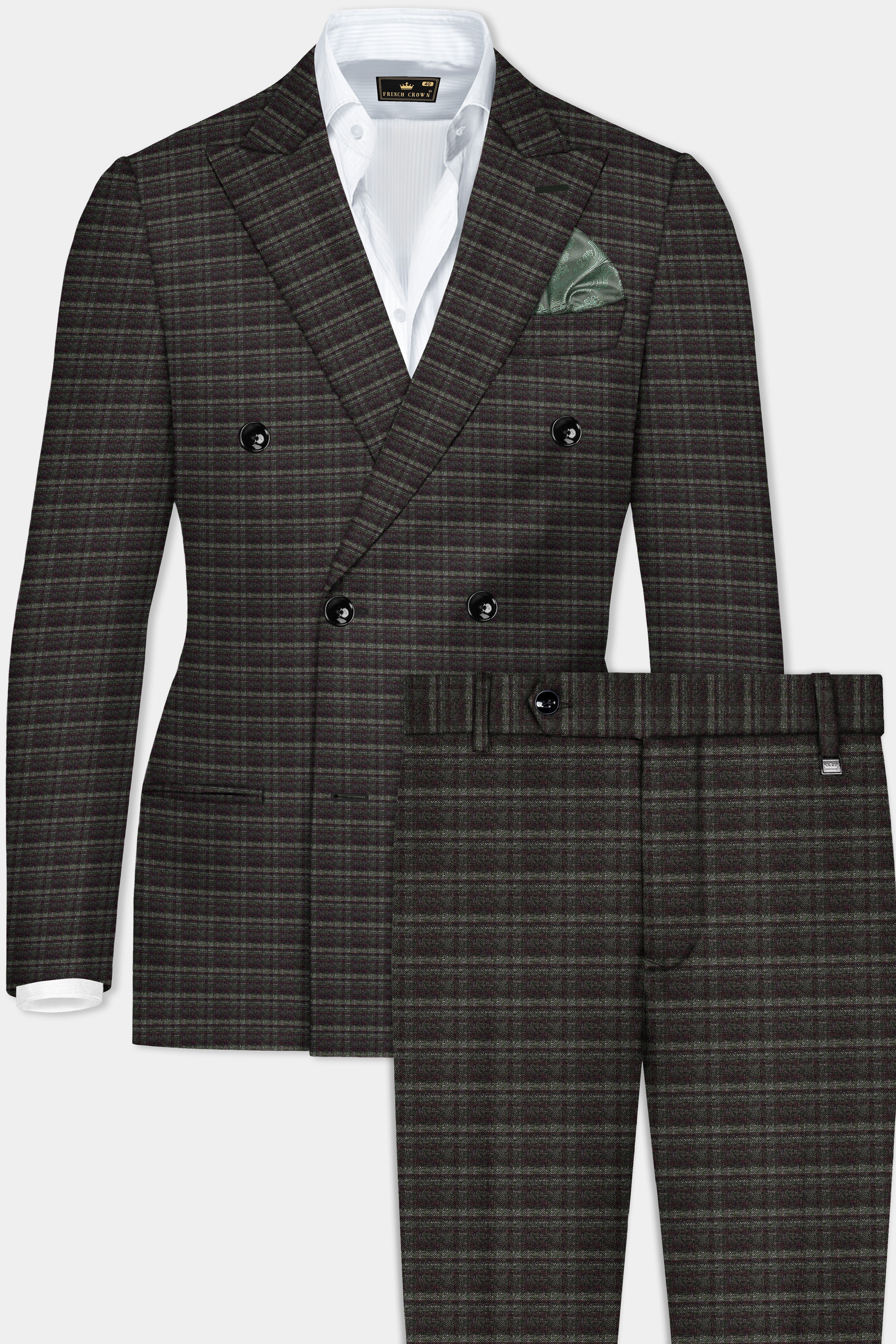 Zeus Gray And Lisbon Green Plaid Wool Rich Double Breasted Suit