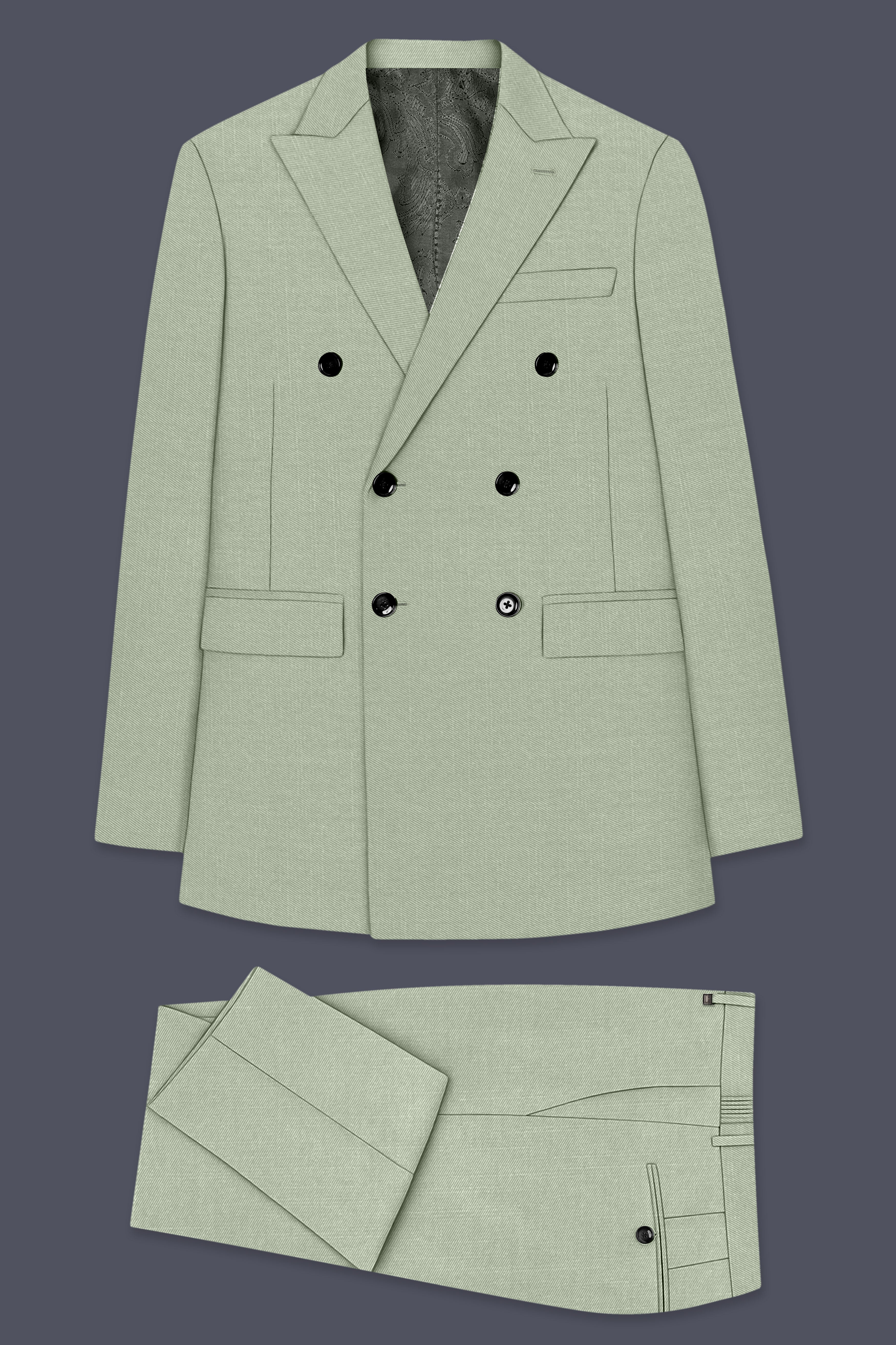Spanish Green Solid Wool Rich Double Breasted Slight Stretch Suit