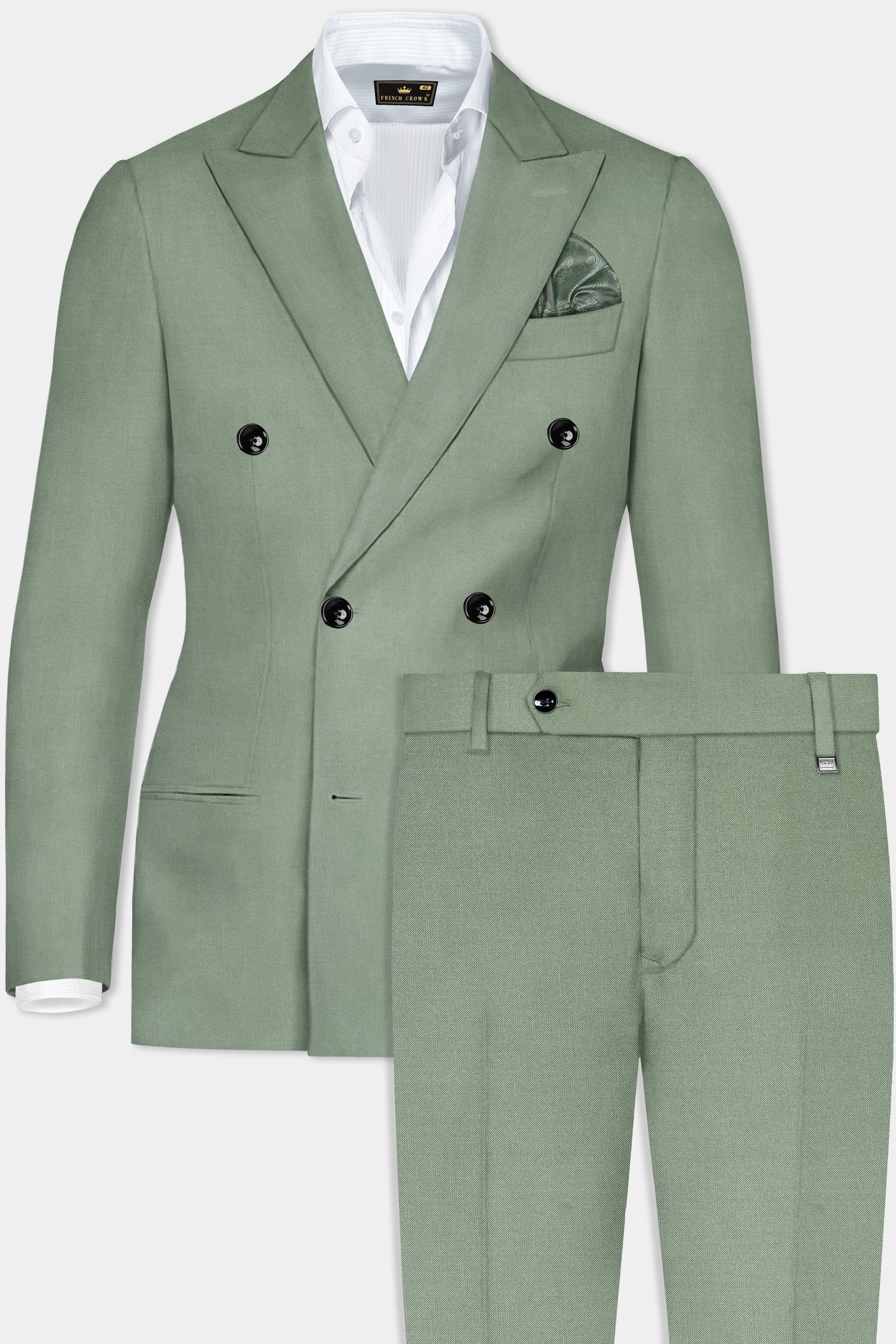 Spanish Green Solid Wool Rich Double Breasted Suit