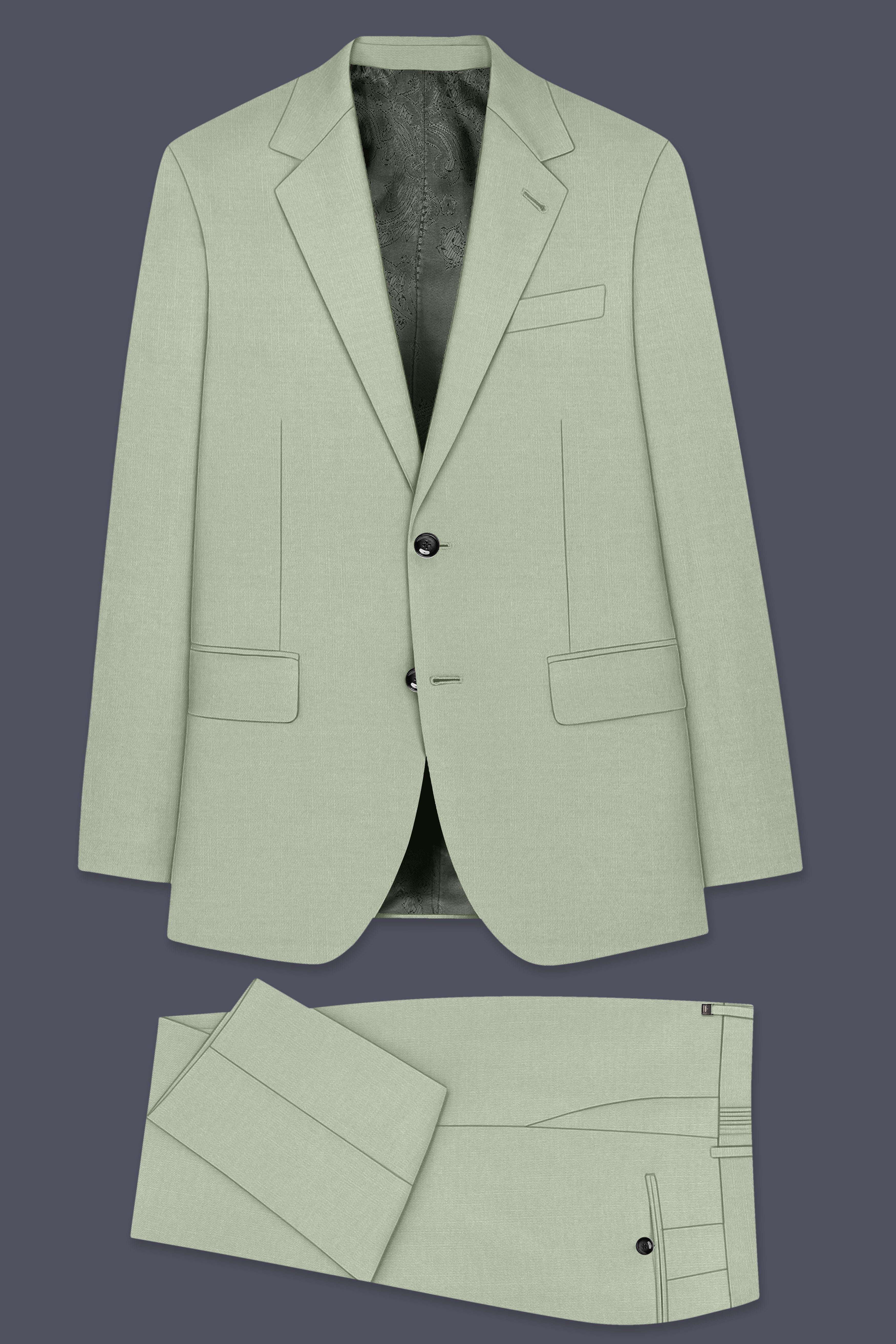 Spanish Green Solid Wool Rich Single Breasted Slight Stretch Suit