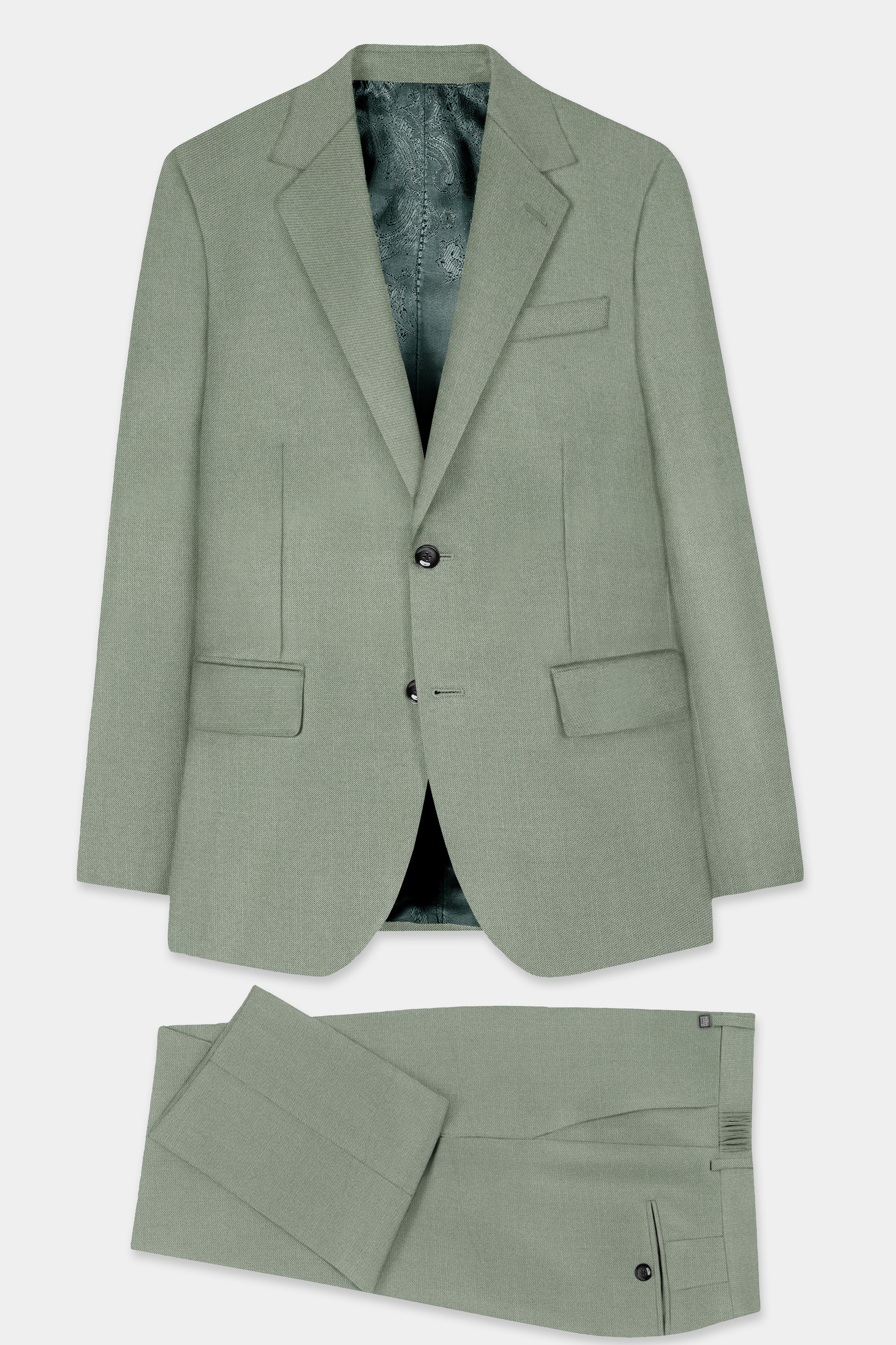 Spanish Green Solid Wool Rich Single Breasted Suit