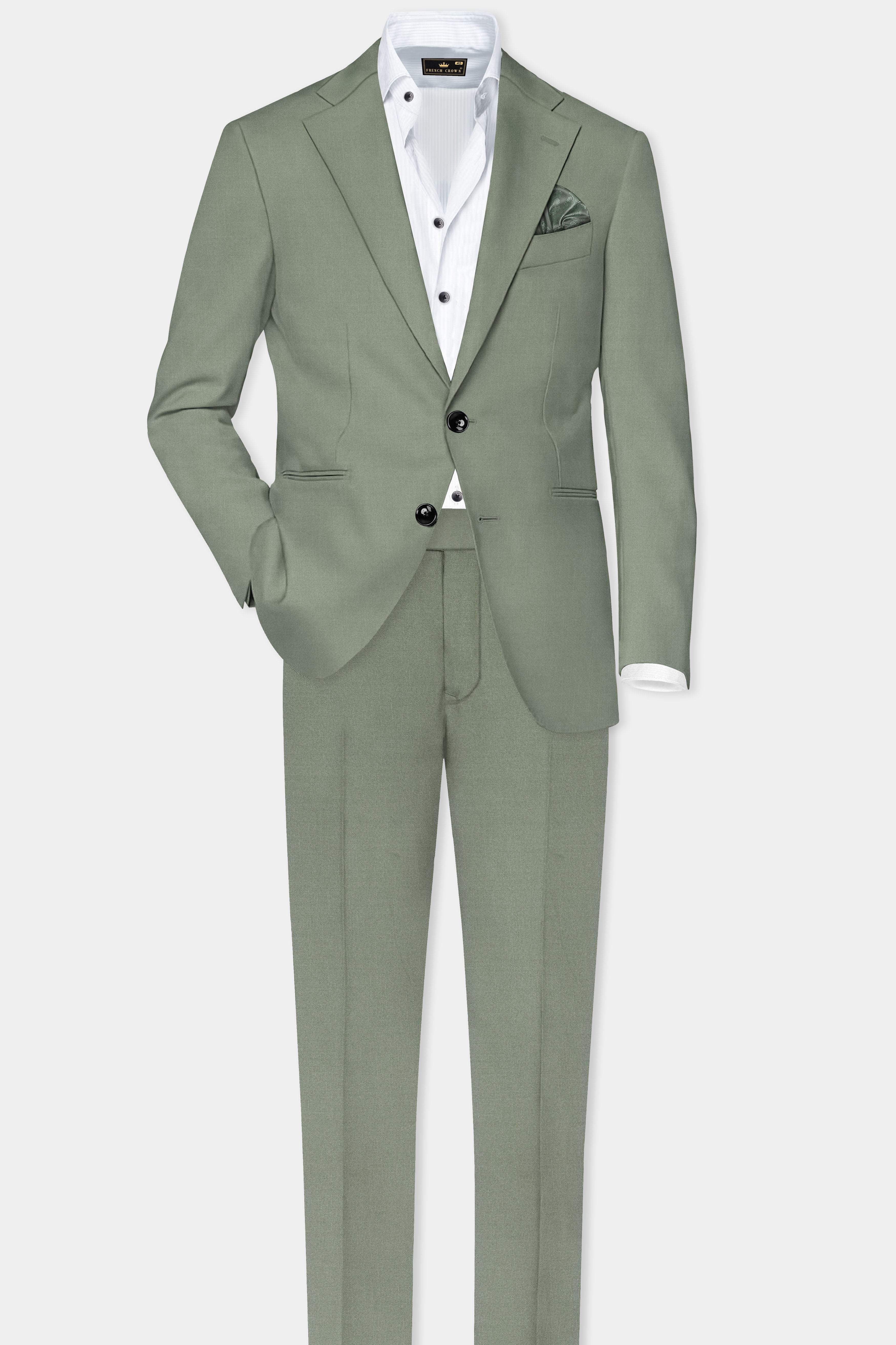 Spanish Green Solid Wool Rich Single Breasted Suit