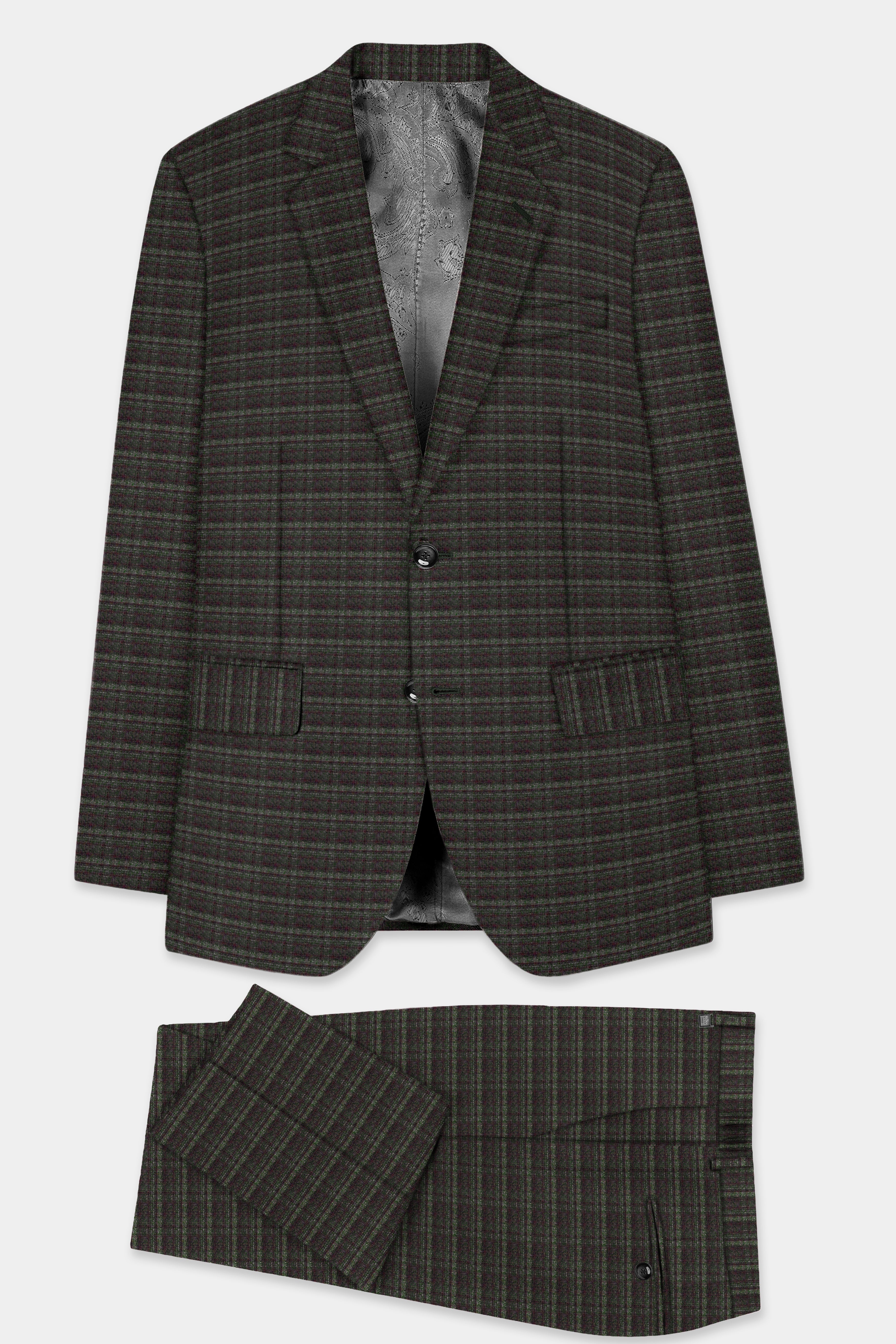 Zeus Gray And Lisbon Green Plaid Wool Rich Single Breasted Slim Lapel Suit