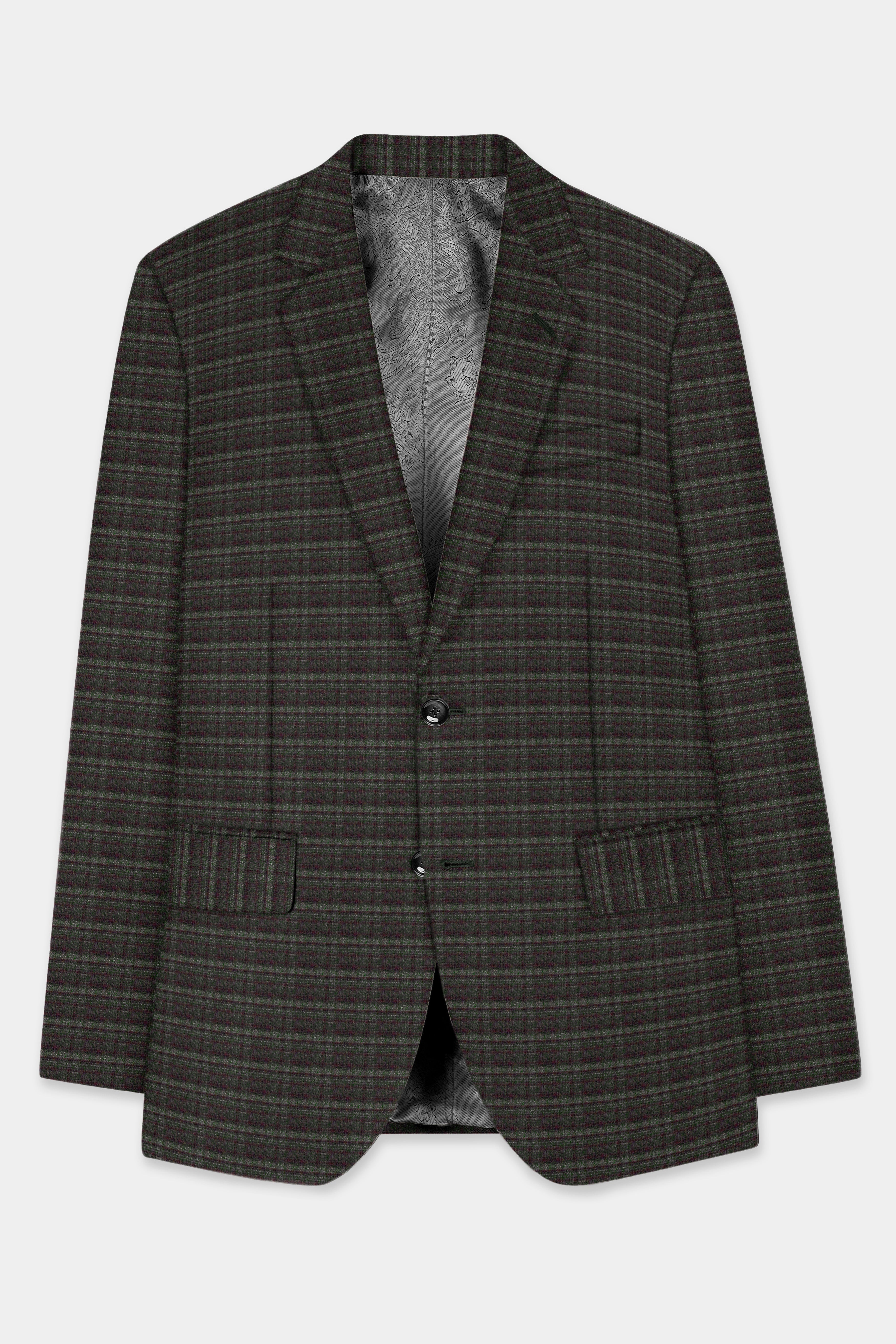 Zeus Gray And Lisbon Green Plaid Wool Rich Single Breasted Slim Lapel Suit