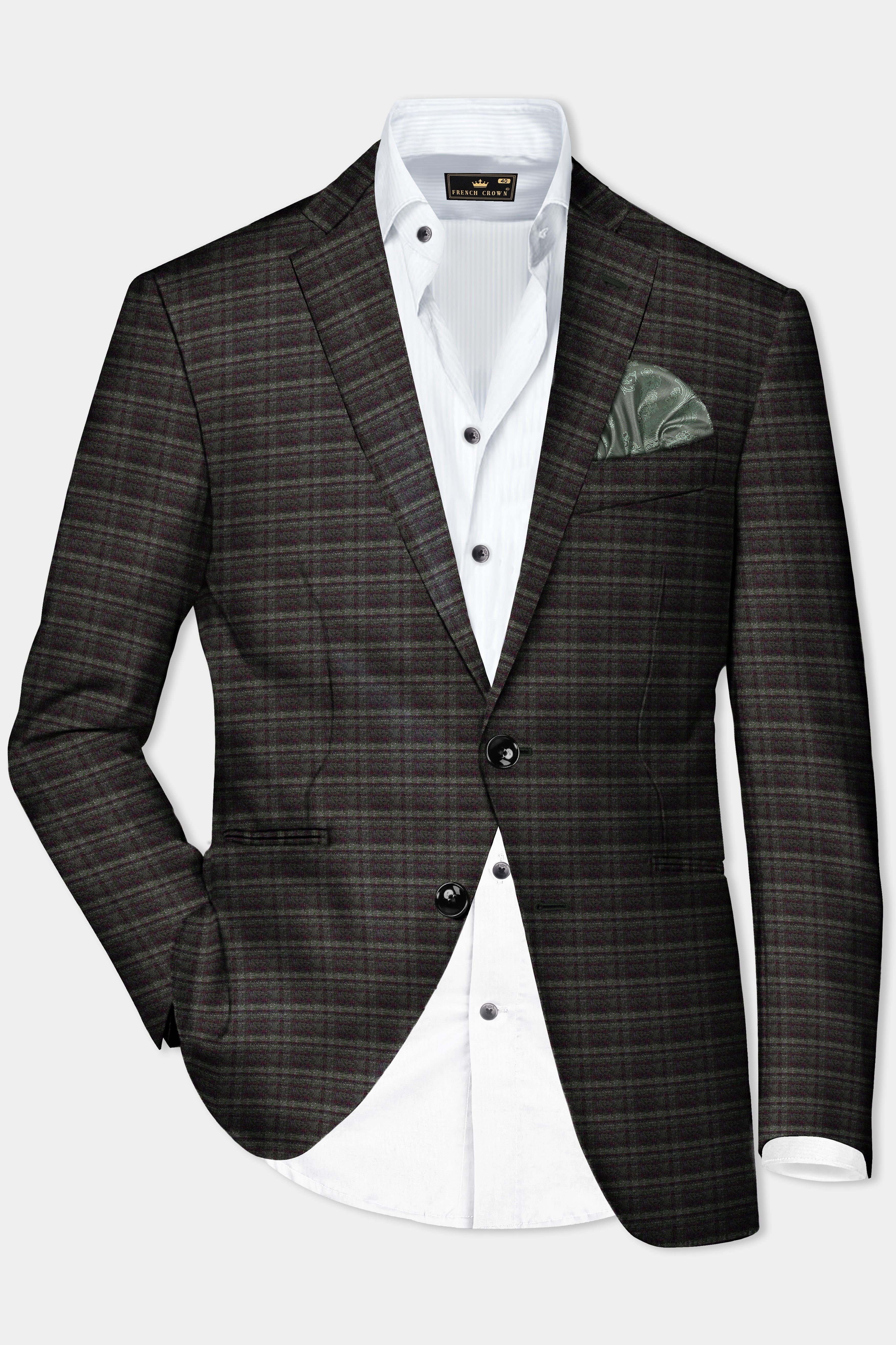 Zeus Gray And Lisbon Green Plaid Wool Rich Single Breasted Slim Lapel Suit