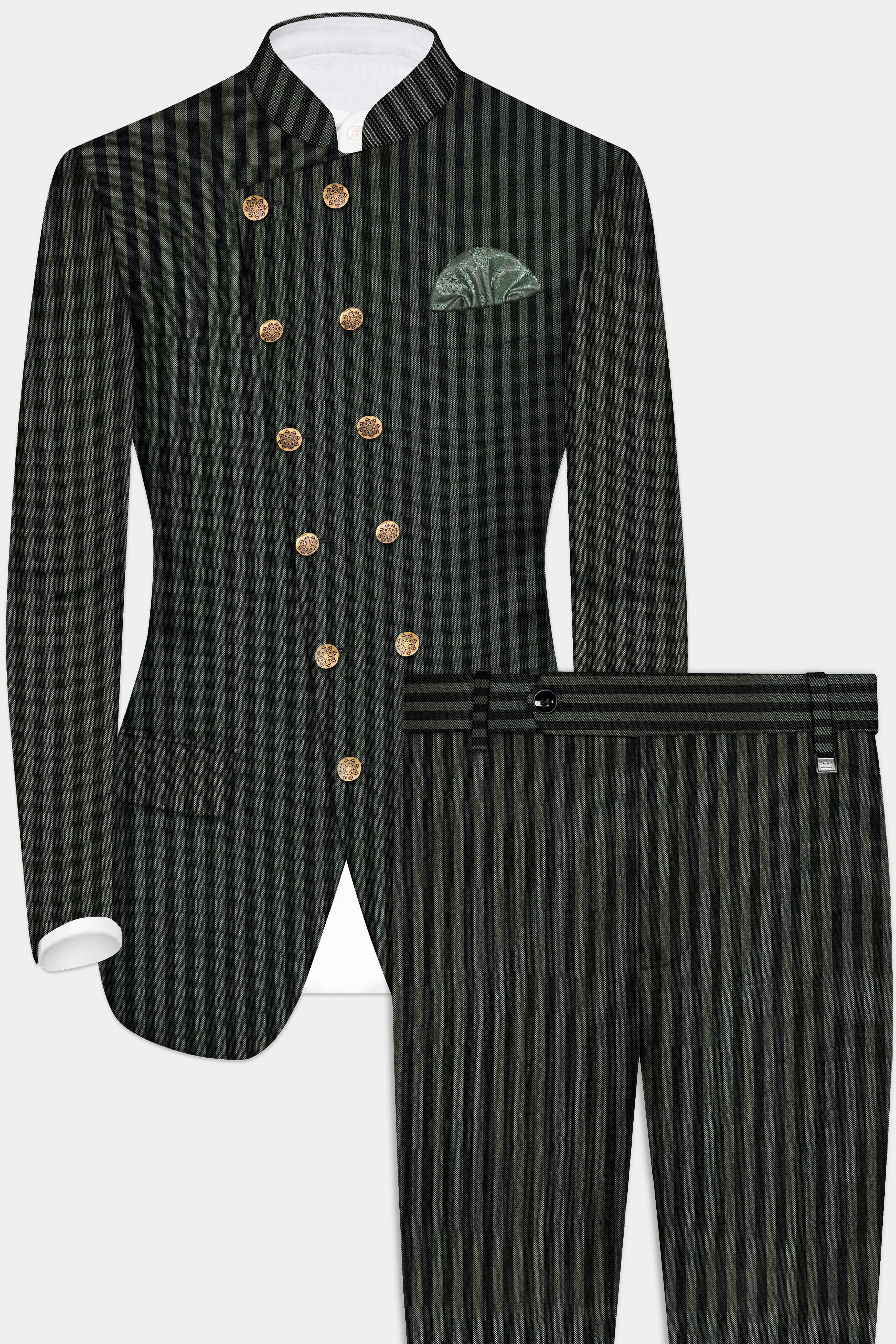 Racing Green And Jade Black Striped Wool Rich Cross Placket Bandhgala Suit