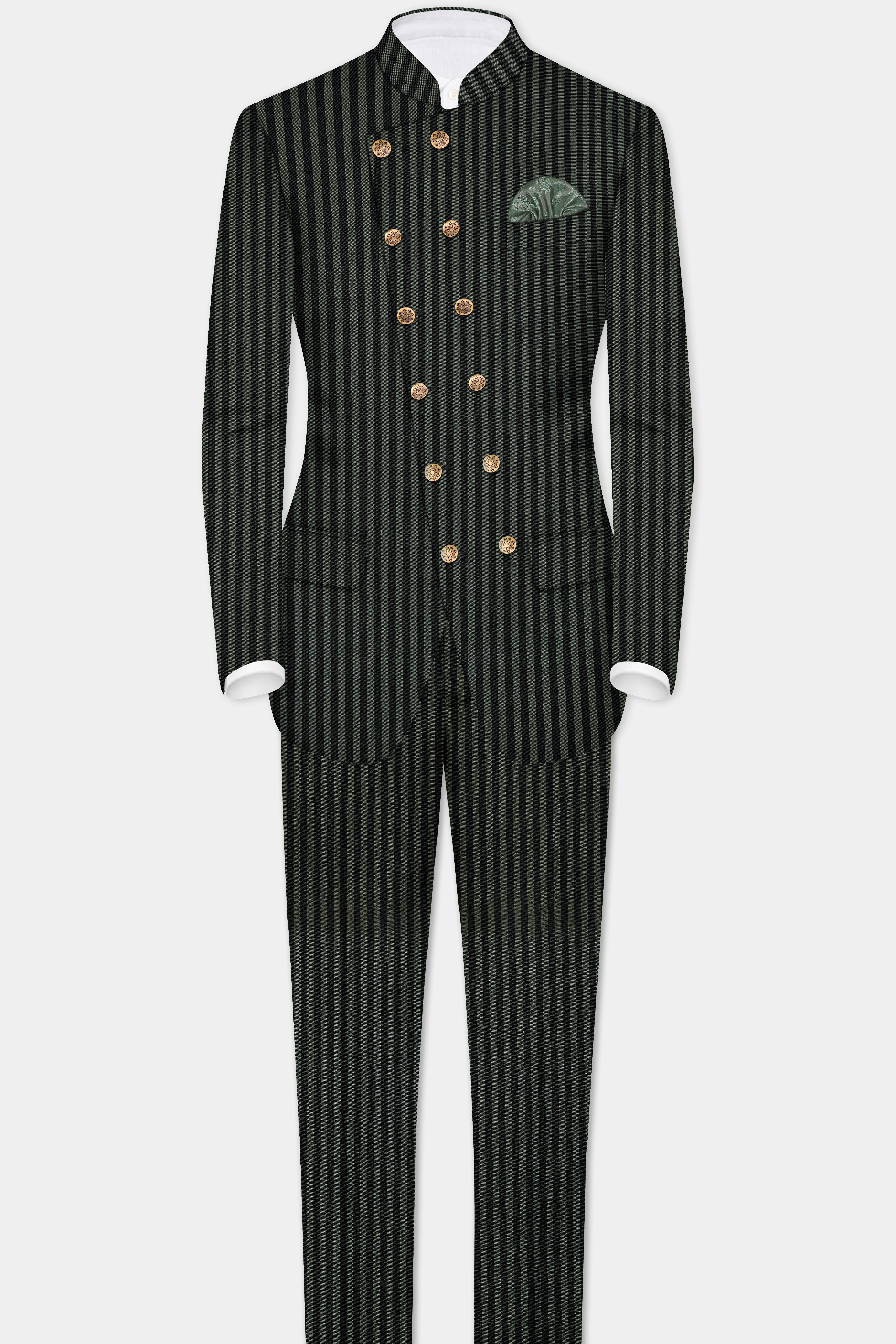 Racing Green And Jade Black Striped Wool Rich Cross Placket Bandhgala Suit