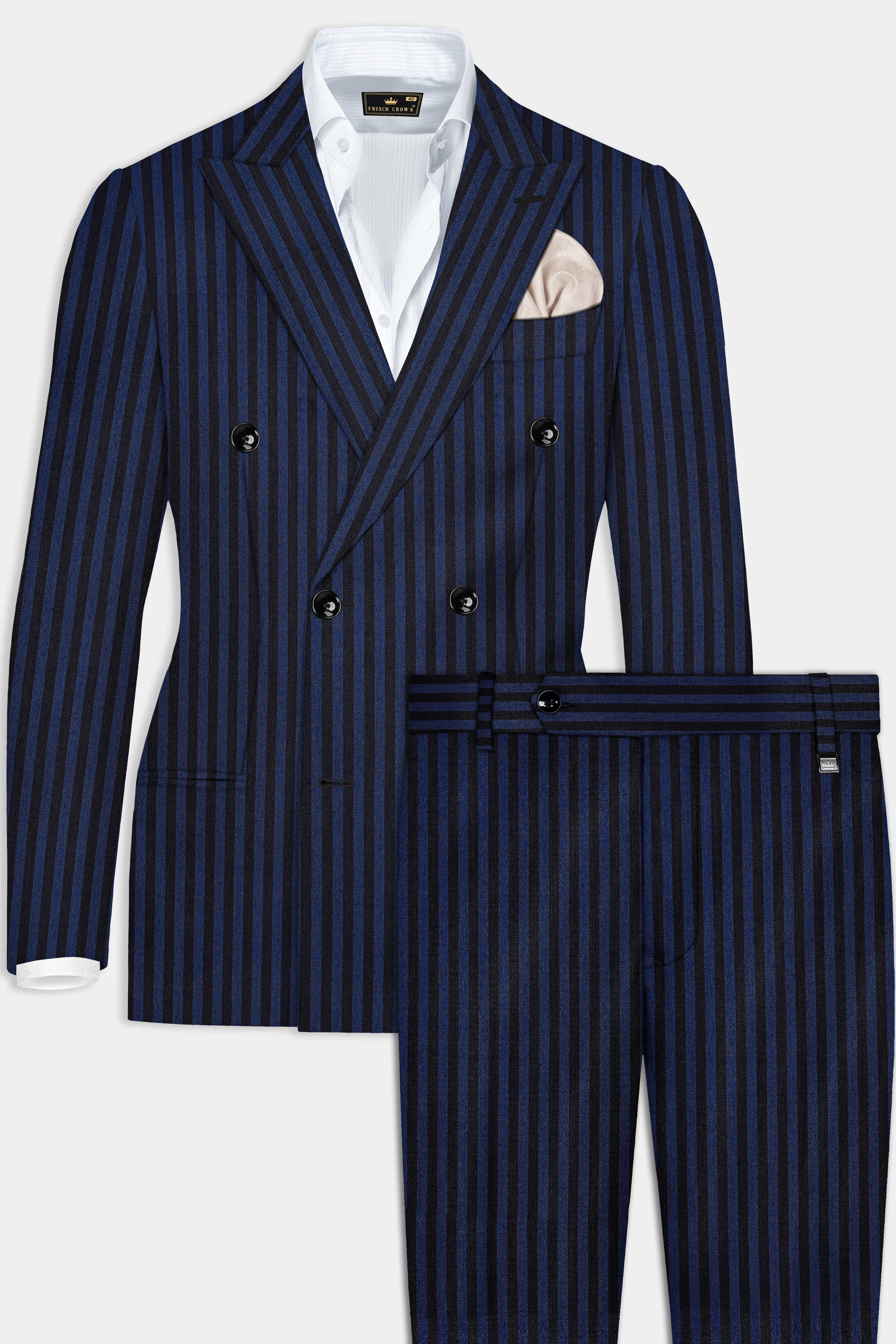 Royal Blue And Jade Black Striped Wool Rich Double Breasted Suit