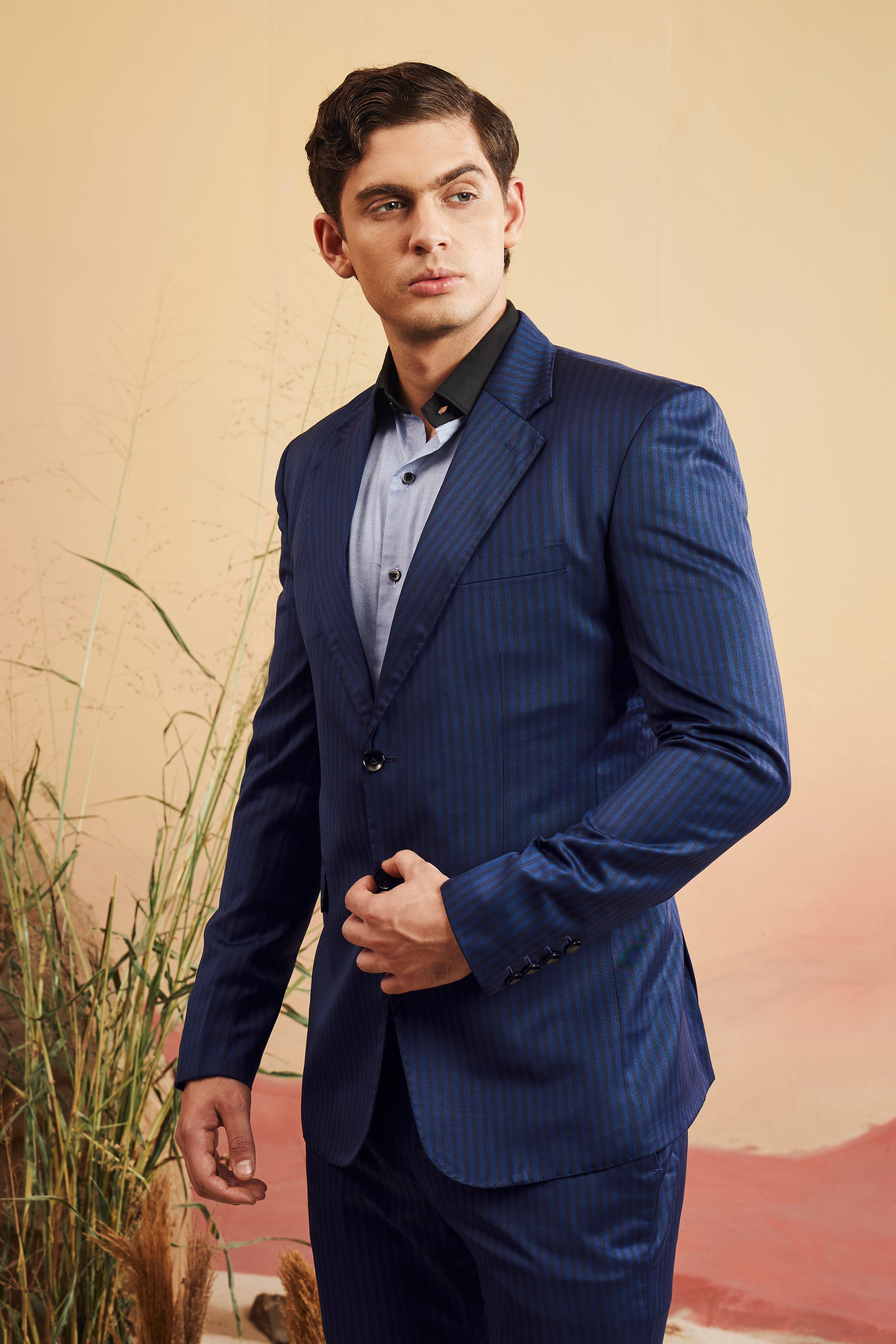 Biscay Blue And Jade Black Striped Wool Rich Single Breasted Suit