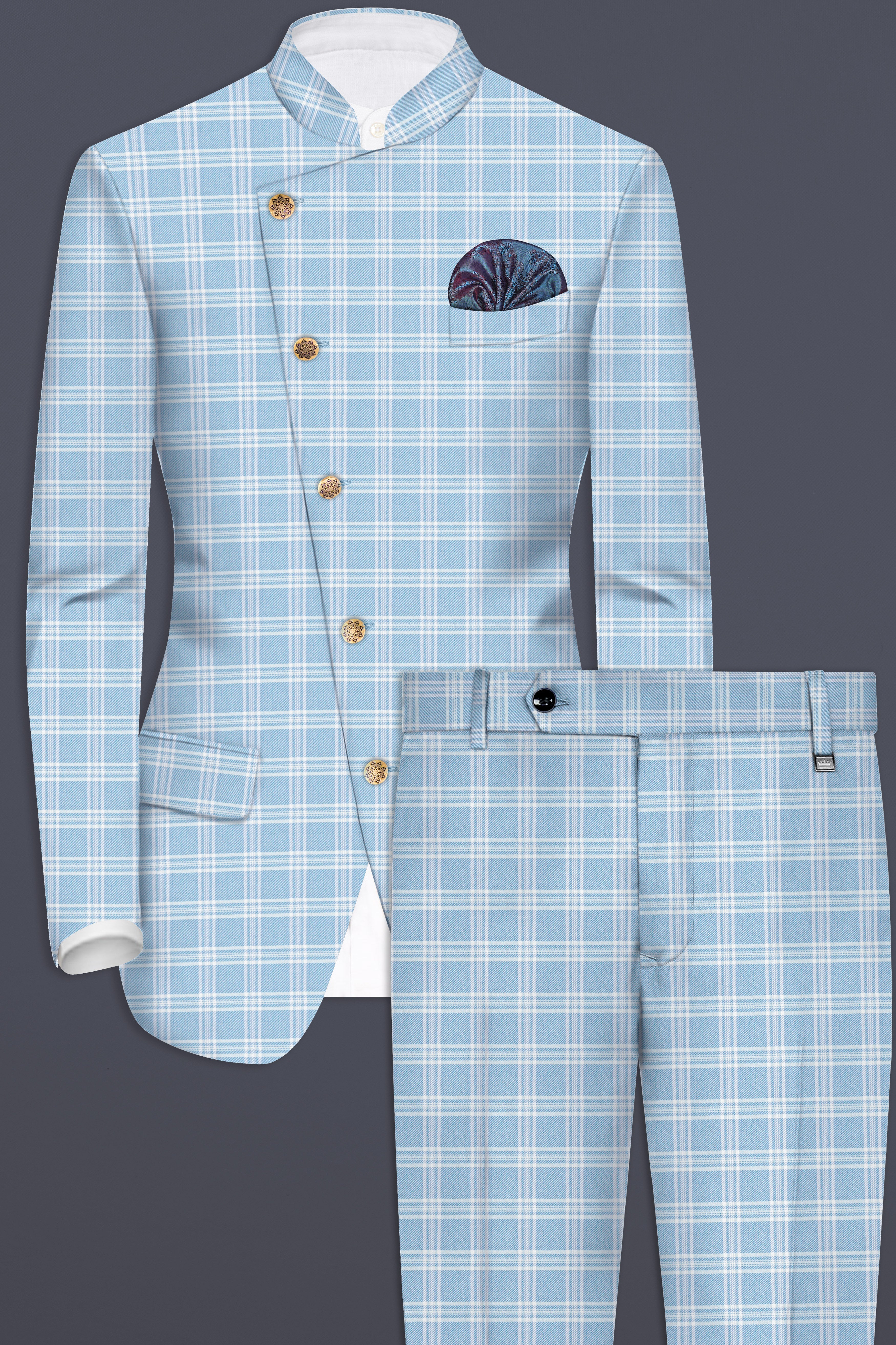 Ziggurat Blue And Bright White Plaid Wool Rich Cross Placket Bandhgala Suit