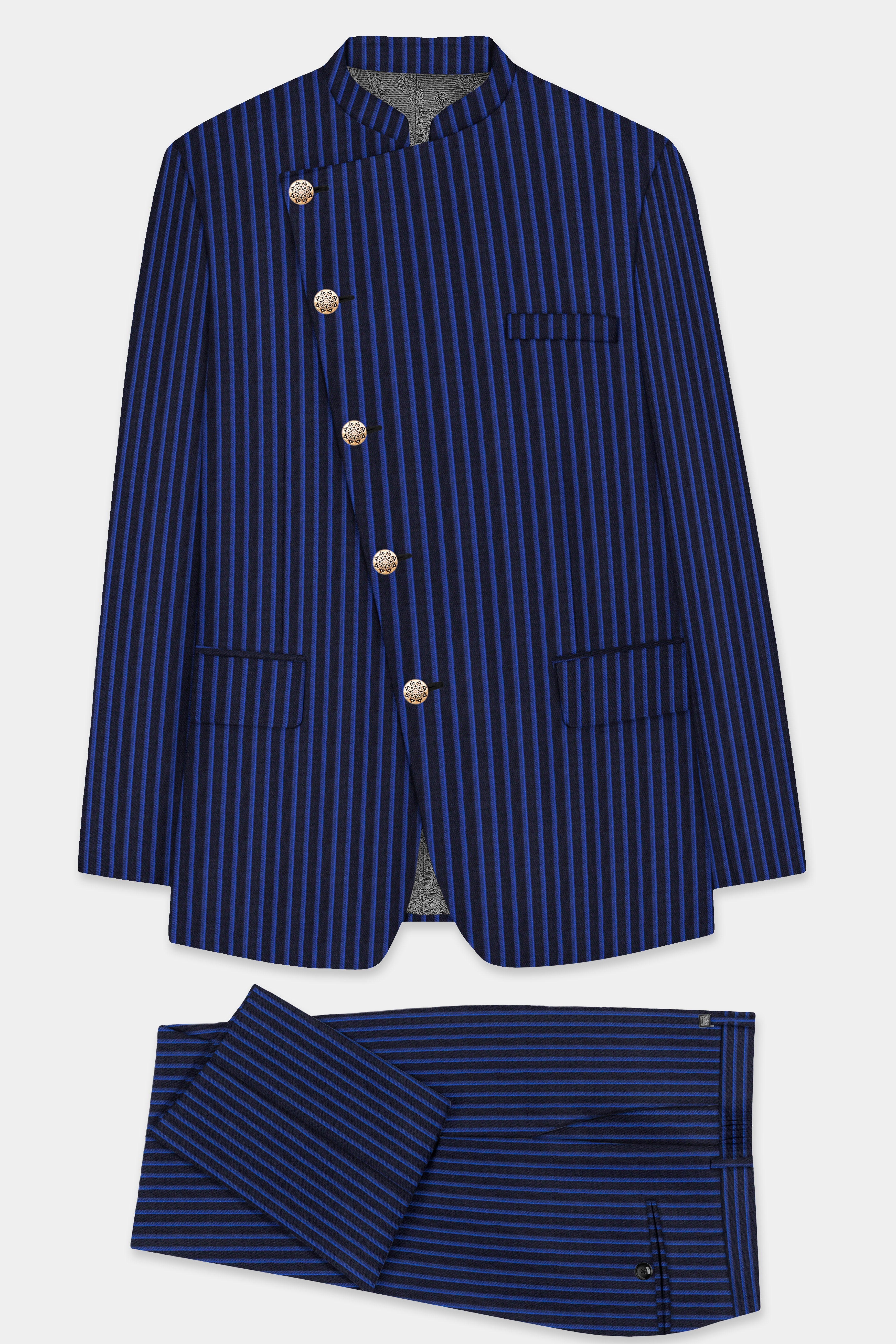 Sapphire Blue And Jade Blue Striped Wool Rich Cross Placket Bandhgala Suit