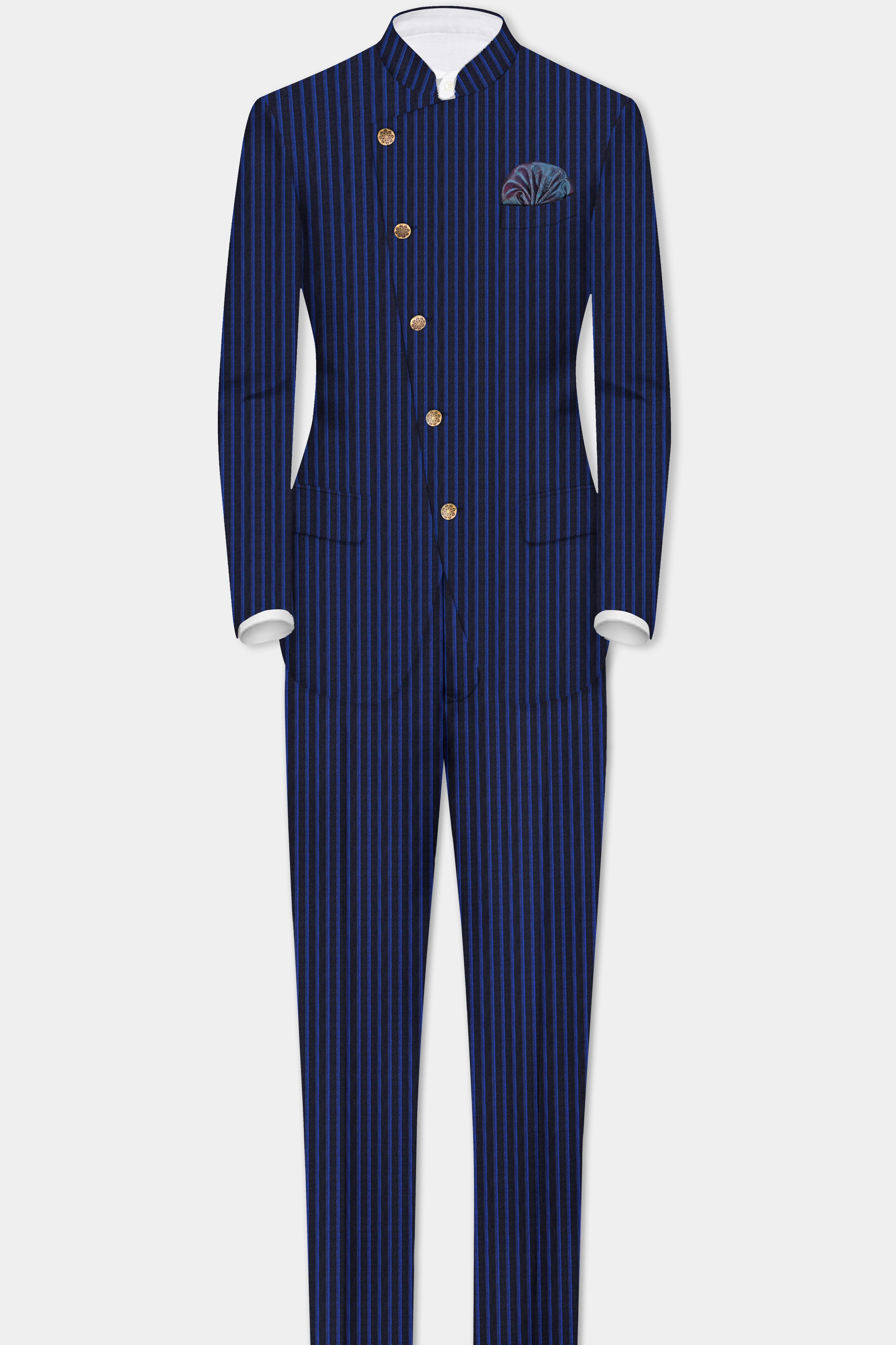 Sapphire Blue And Jade Blue Striped Wool Rich Cross Placket Bandhgala Suit