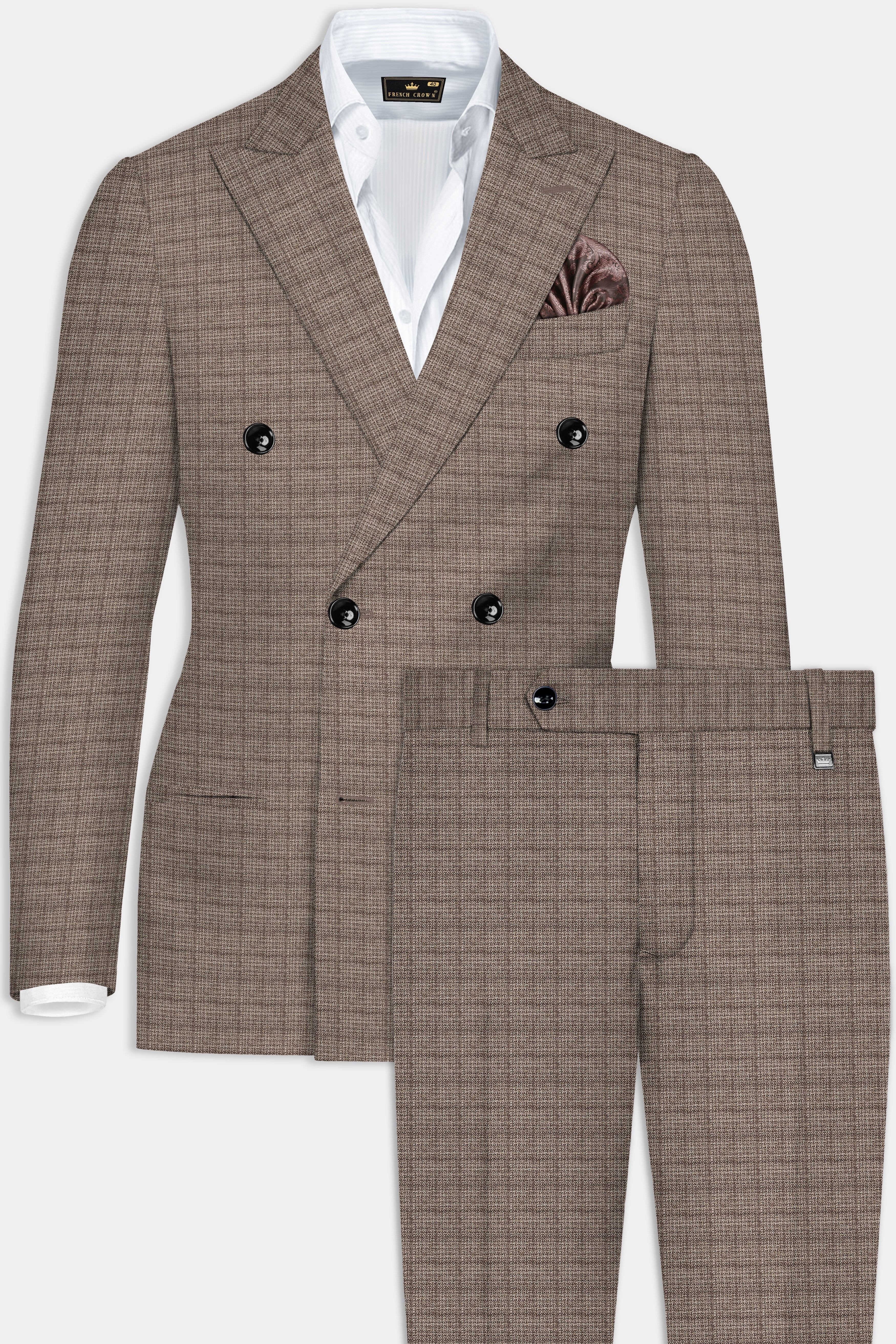 Flint Brown Plaid Wool Rich Double Breasted Suit