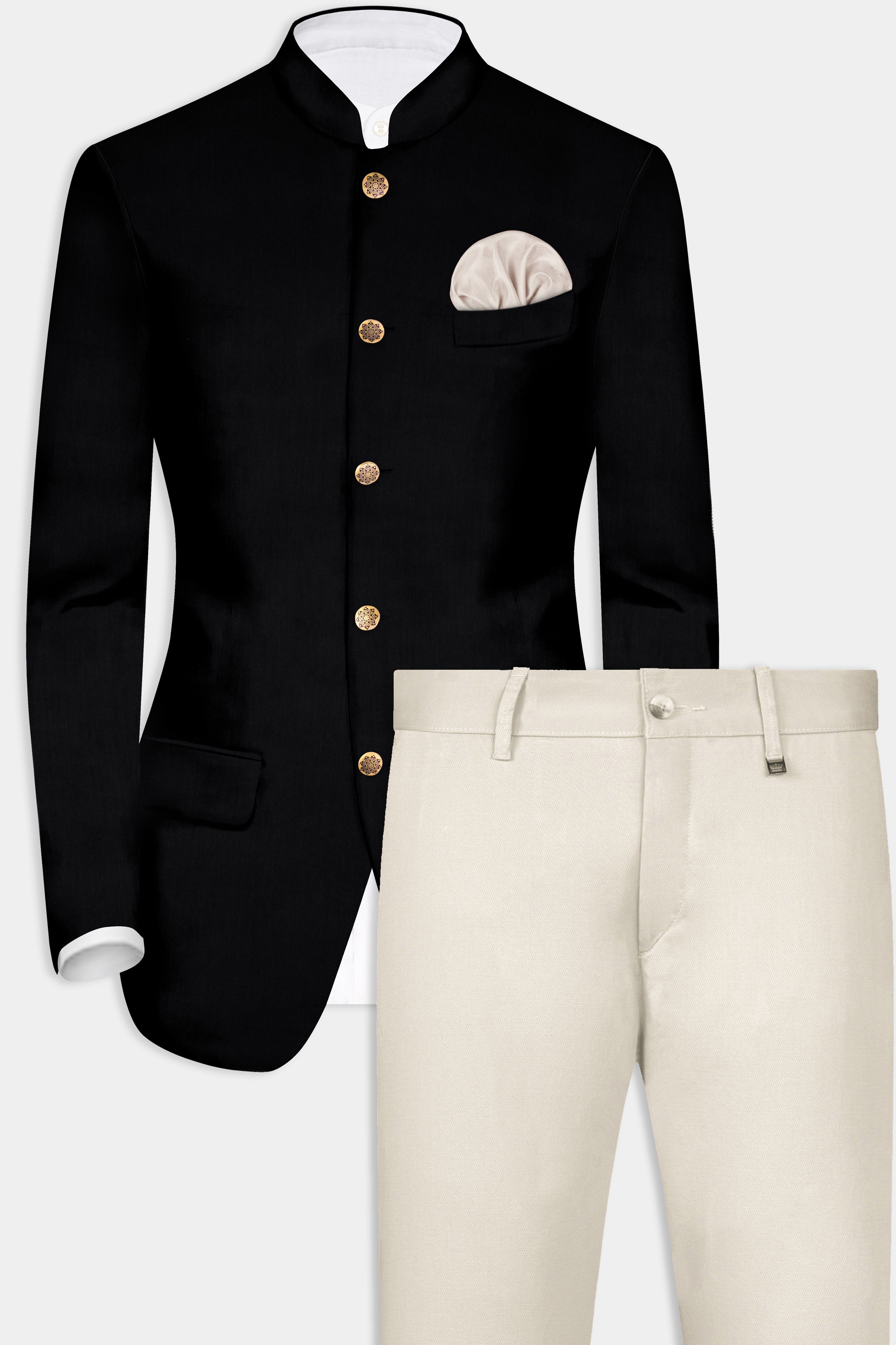 Jade Black Solid	Wool Rich Bandhgala Blazer With Mercury Cream Chinos Pant