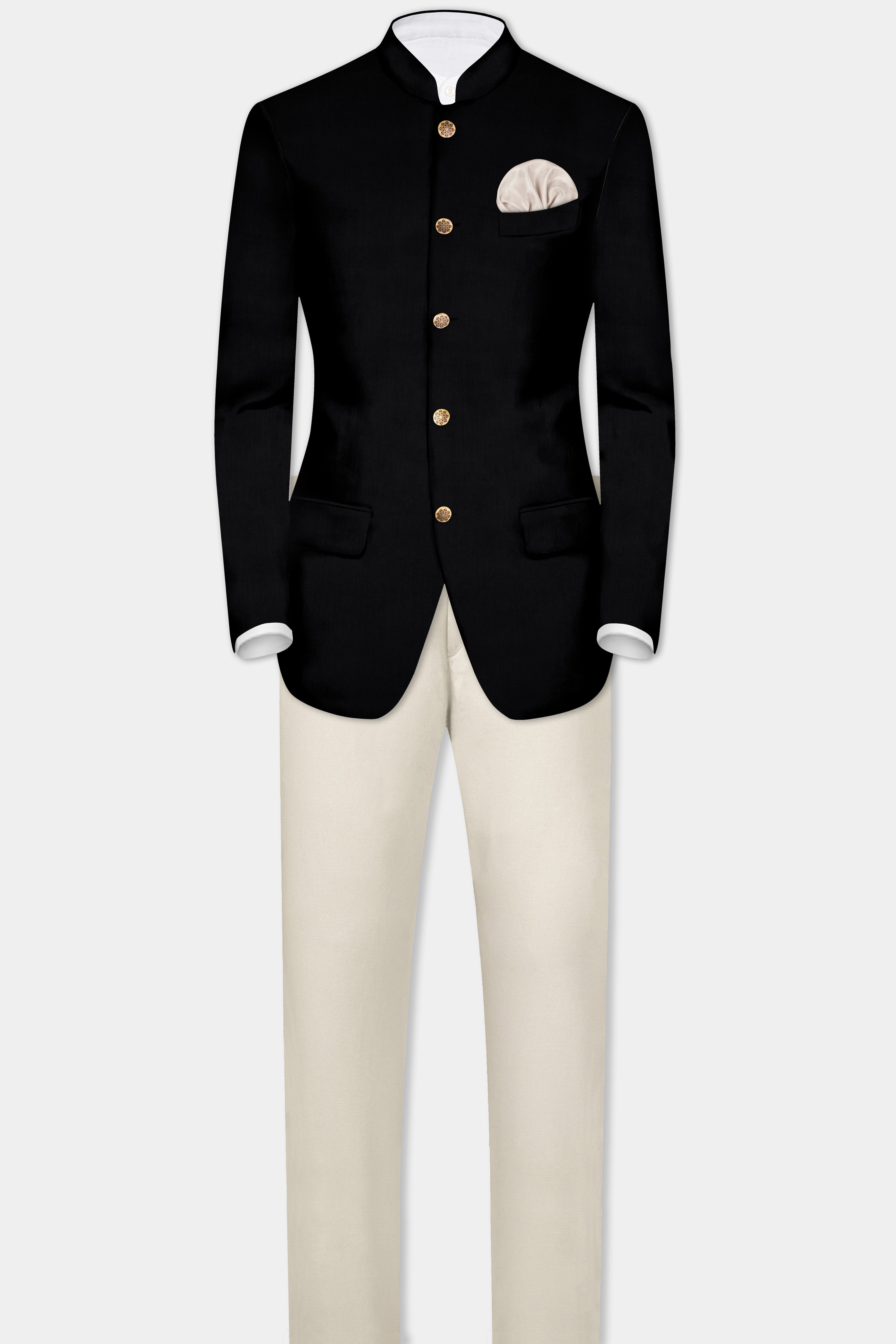 Jade Black Solid	Wool Rich Bandhgala Blazer With Mercury Cream Chinos Pant