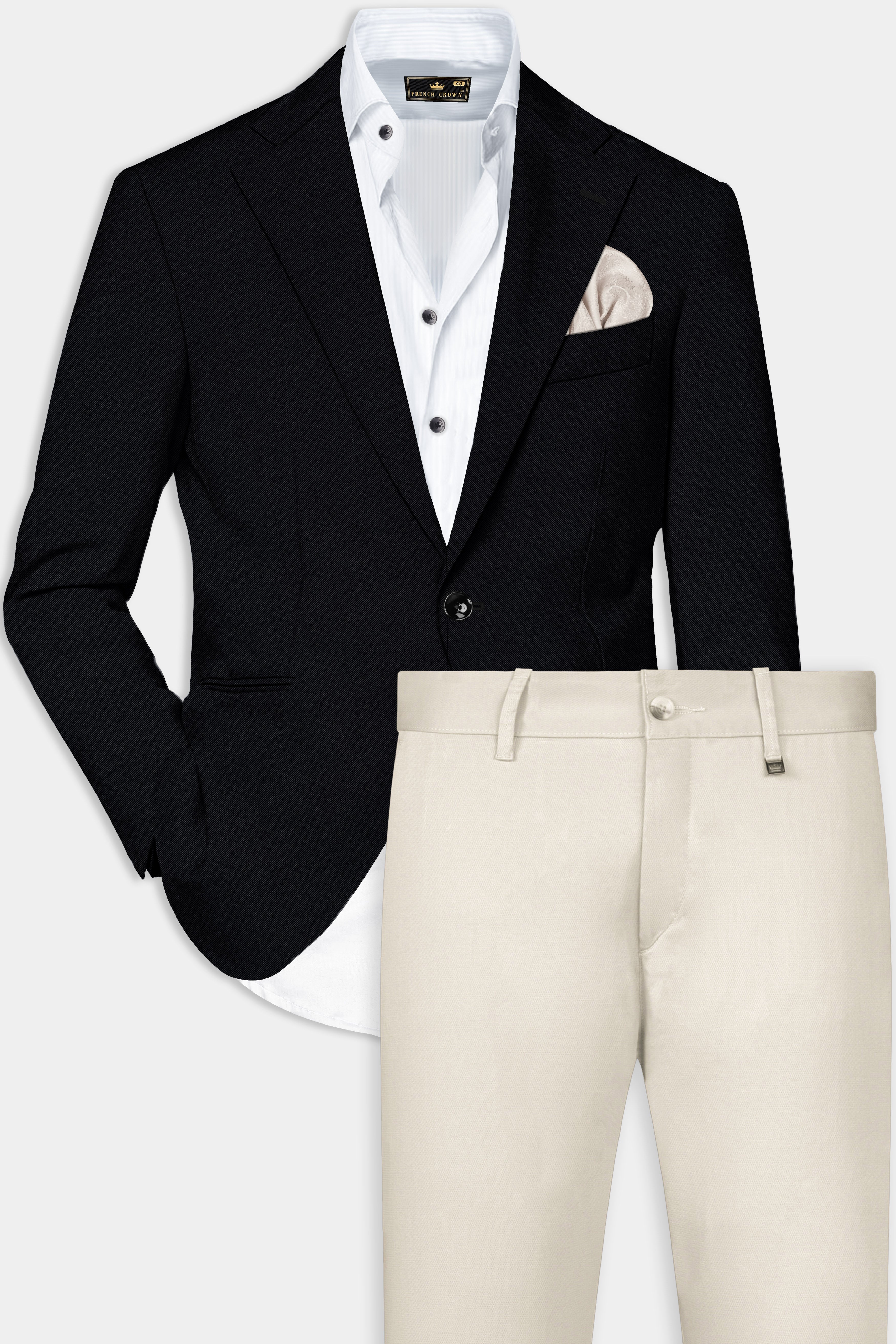 Jade Black Solid Wool Rich Single Breasted Blazer With Mercury Cream Chinos Pant