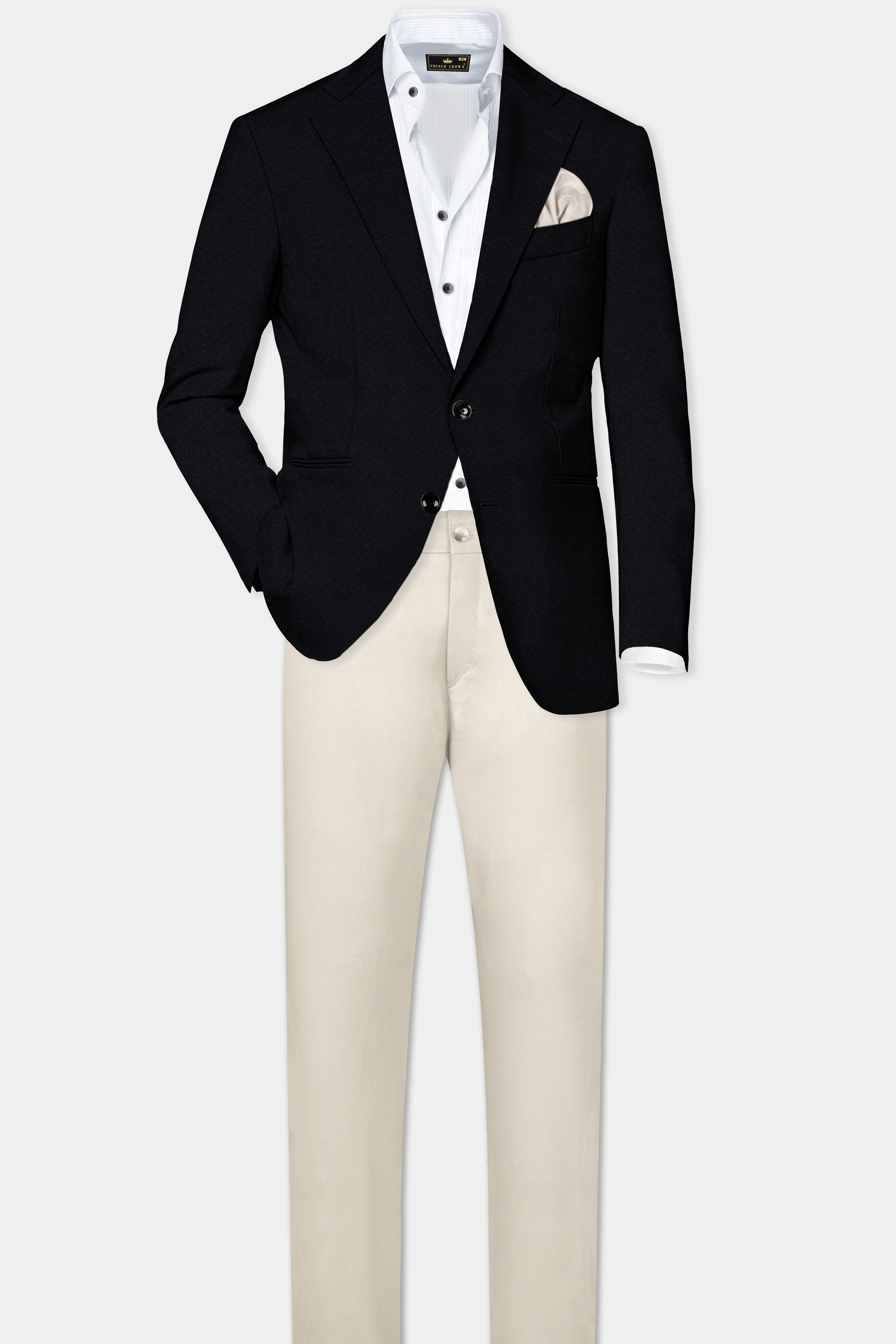 Jade Black Solid Wool Rich Single Breasted Blazer With Mercury Cream Chinos Pant