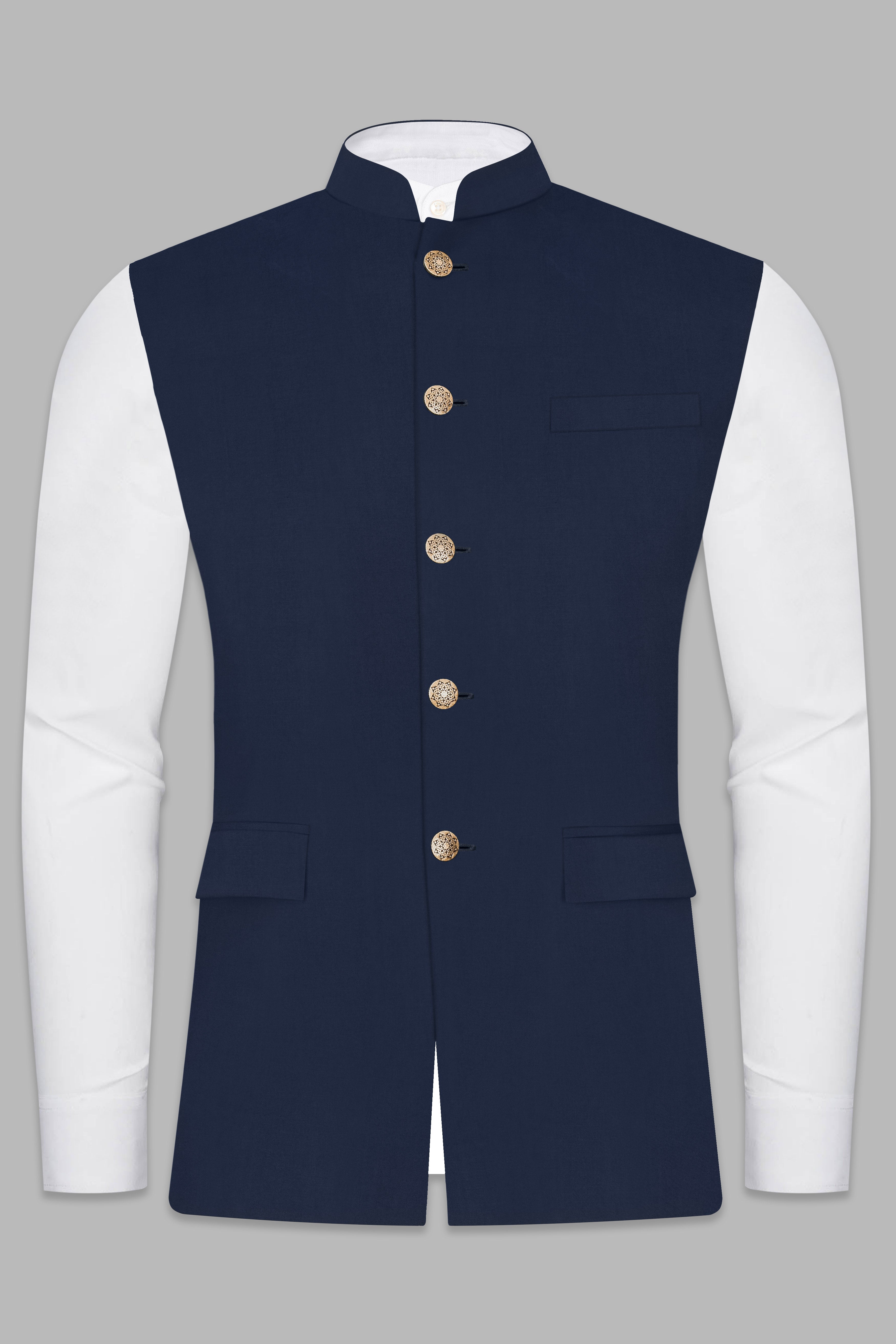 Vulcan Blue Solid Wool Rich Bandhgala Suit