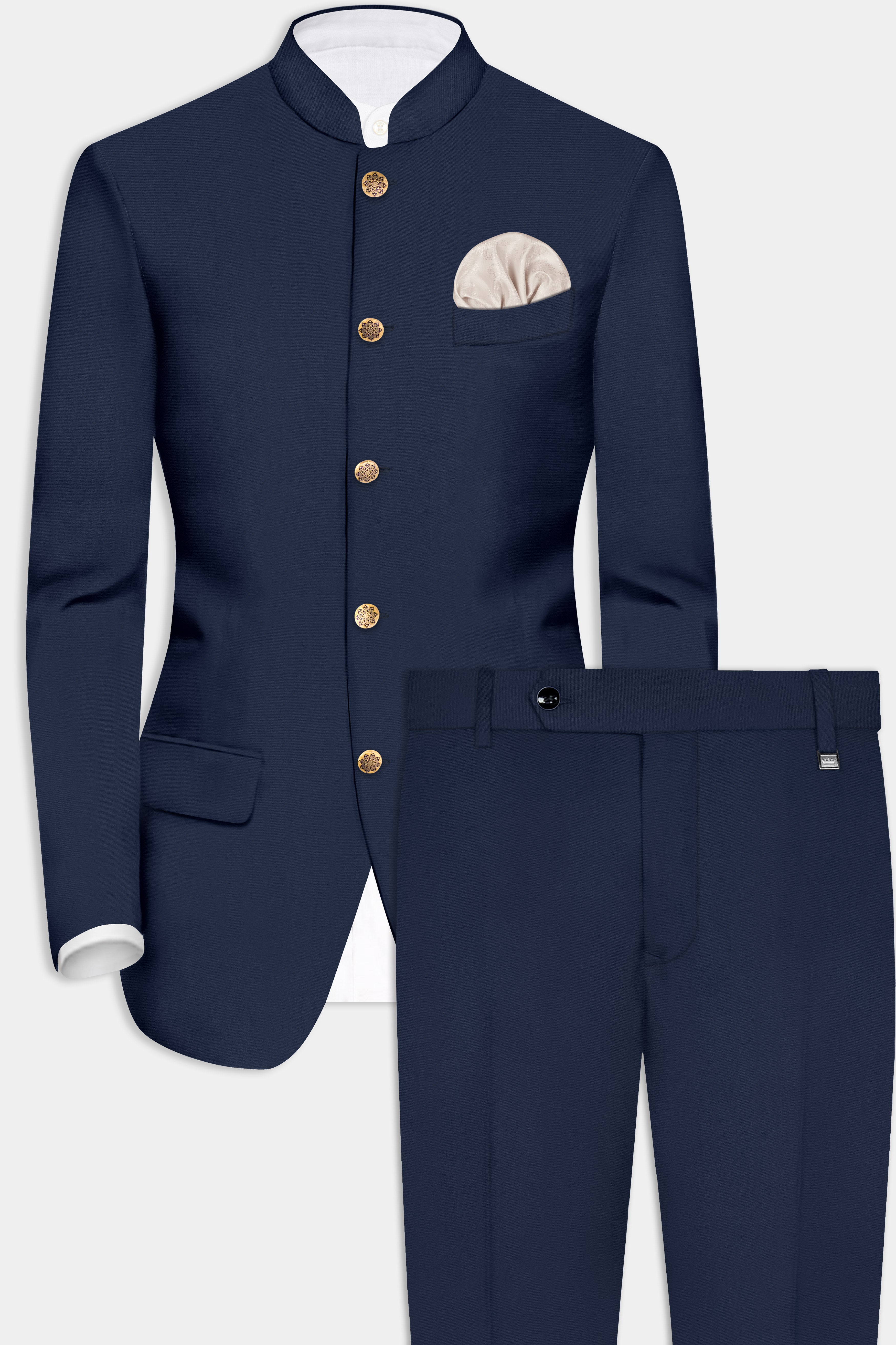 Vulcan Blue Solid Wool Rich Bandhgala Suit