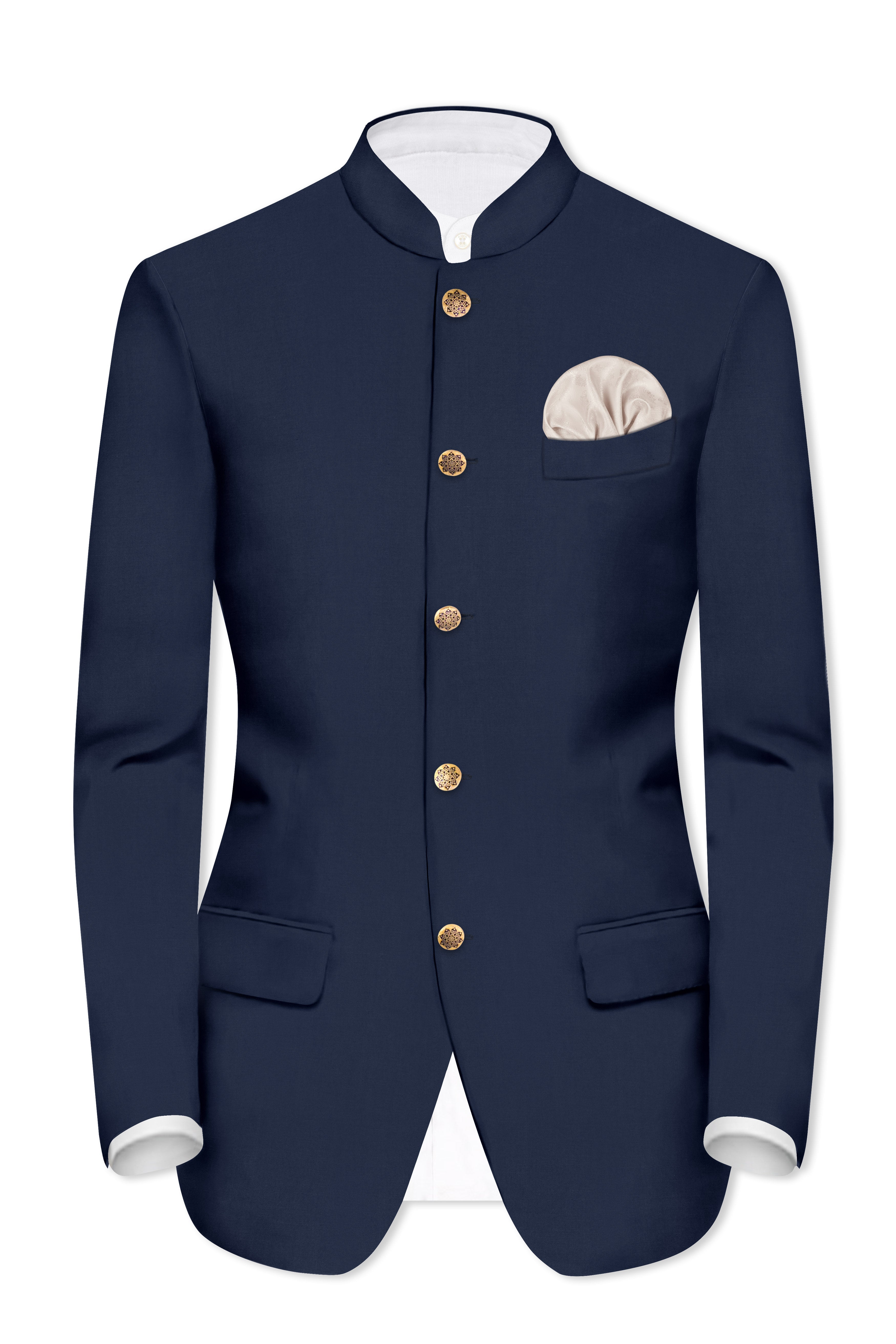 Vulcan Blue Solid Wool Rich Bandhgala Suit