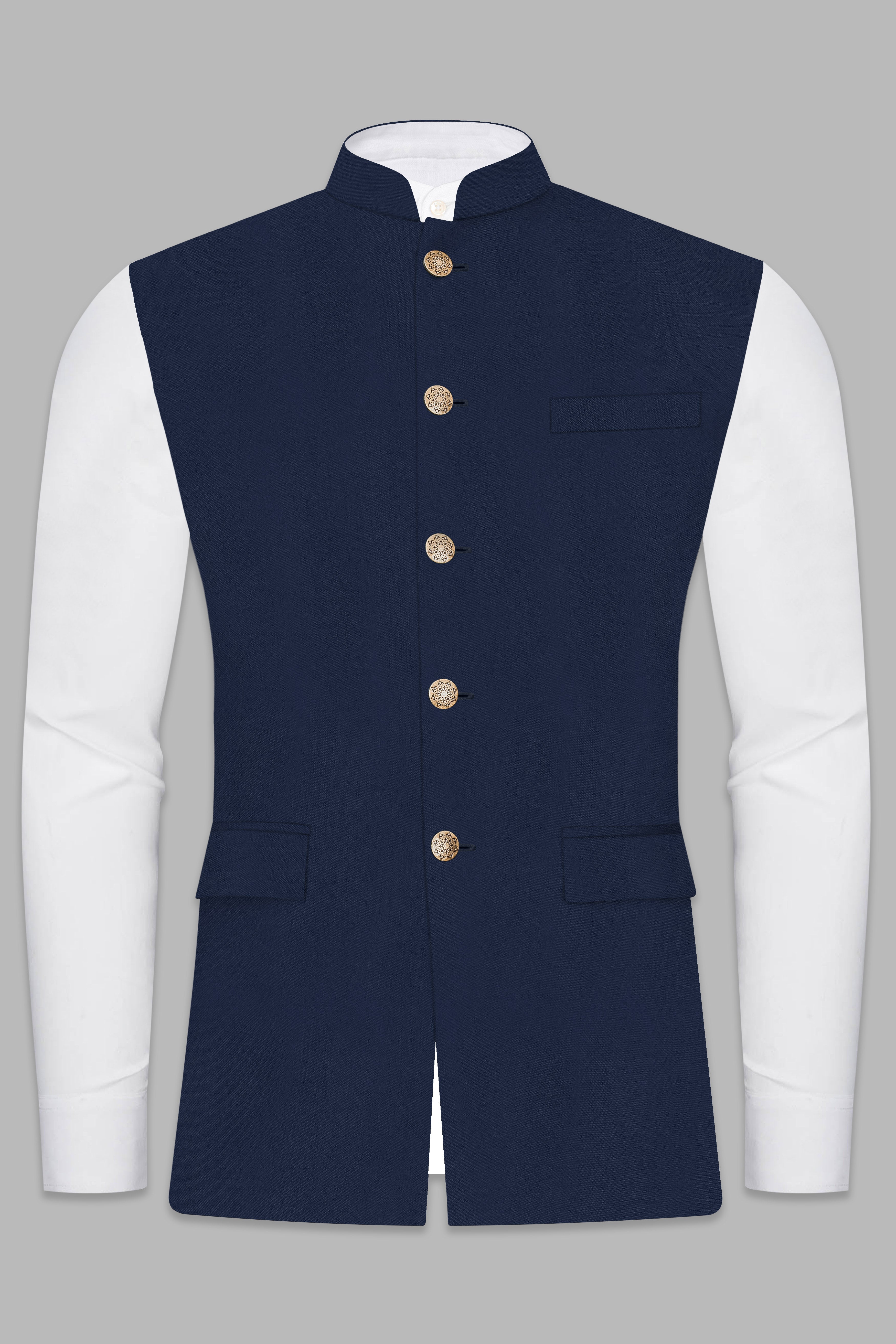 Firefly Blue Solid Wool Rich Cross Placket Bandhgala Suit