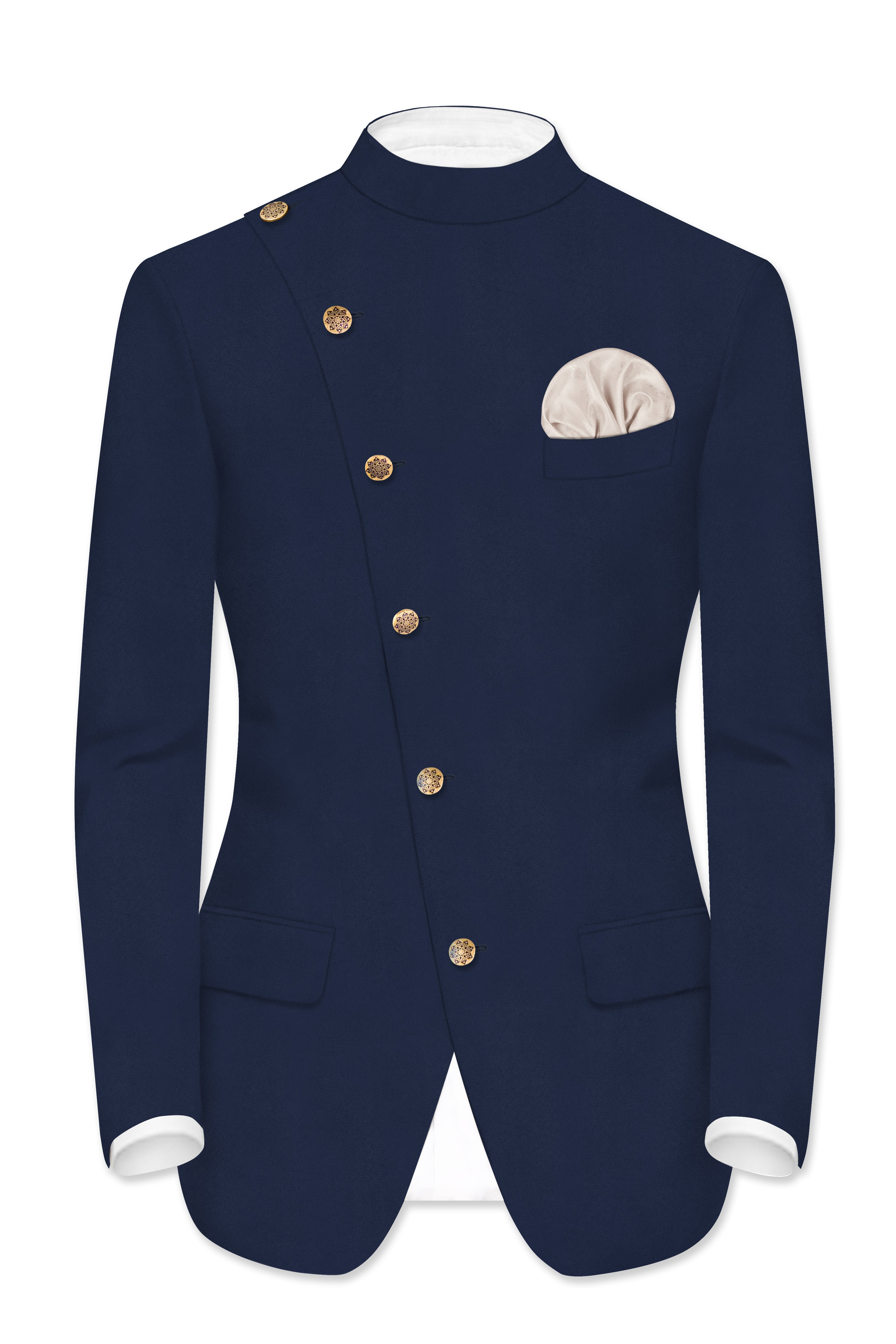 Firefly Blue Solid Wool Rich Cross Placket Bandhgala Suit