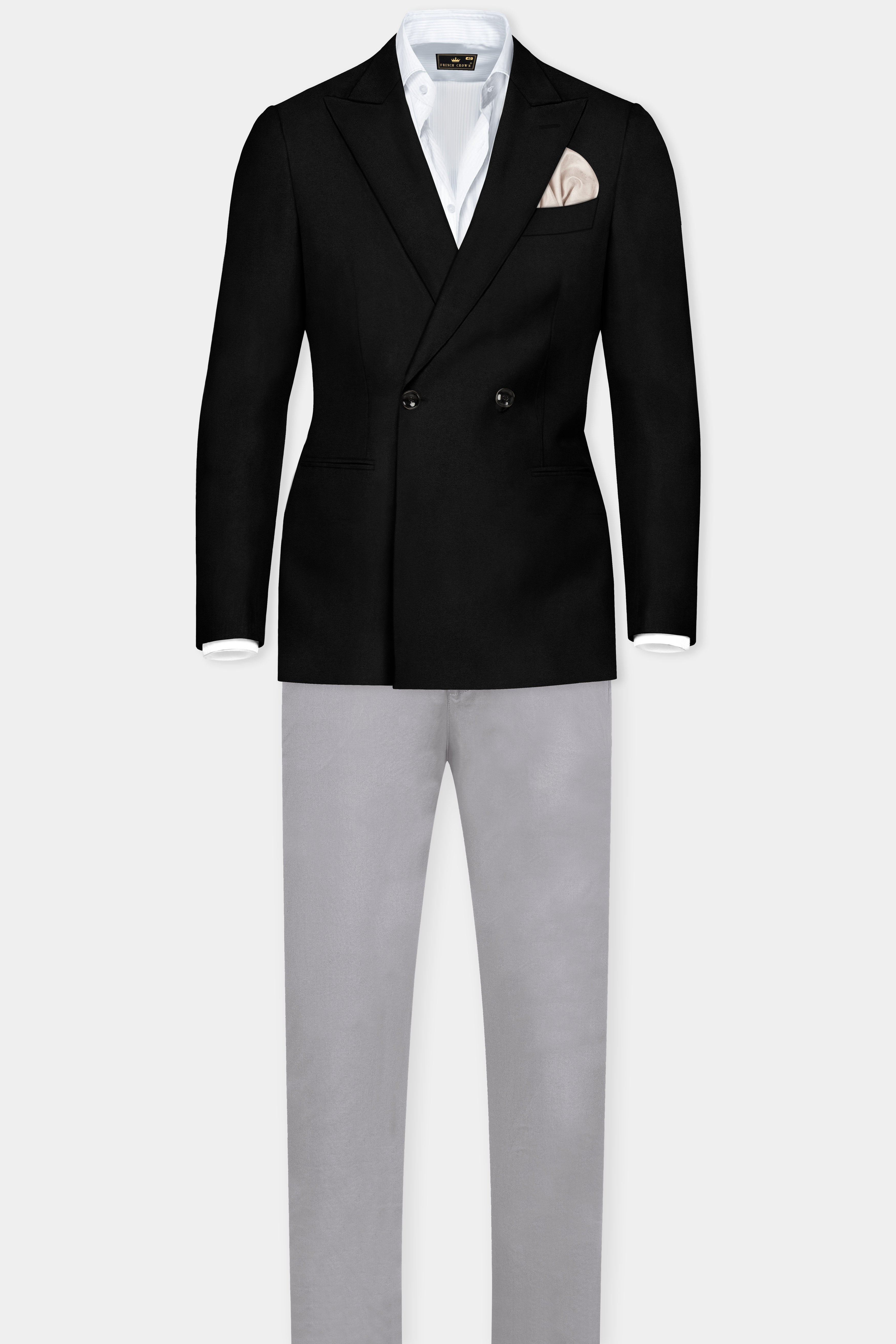 Jade Black Solid Wool Rich Double Breasted Blazer With Nobel Gray Chinos Pant