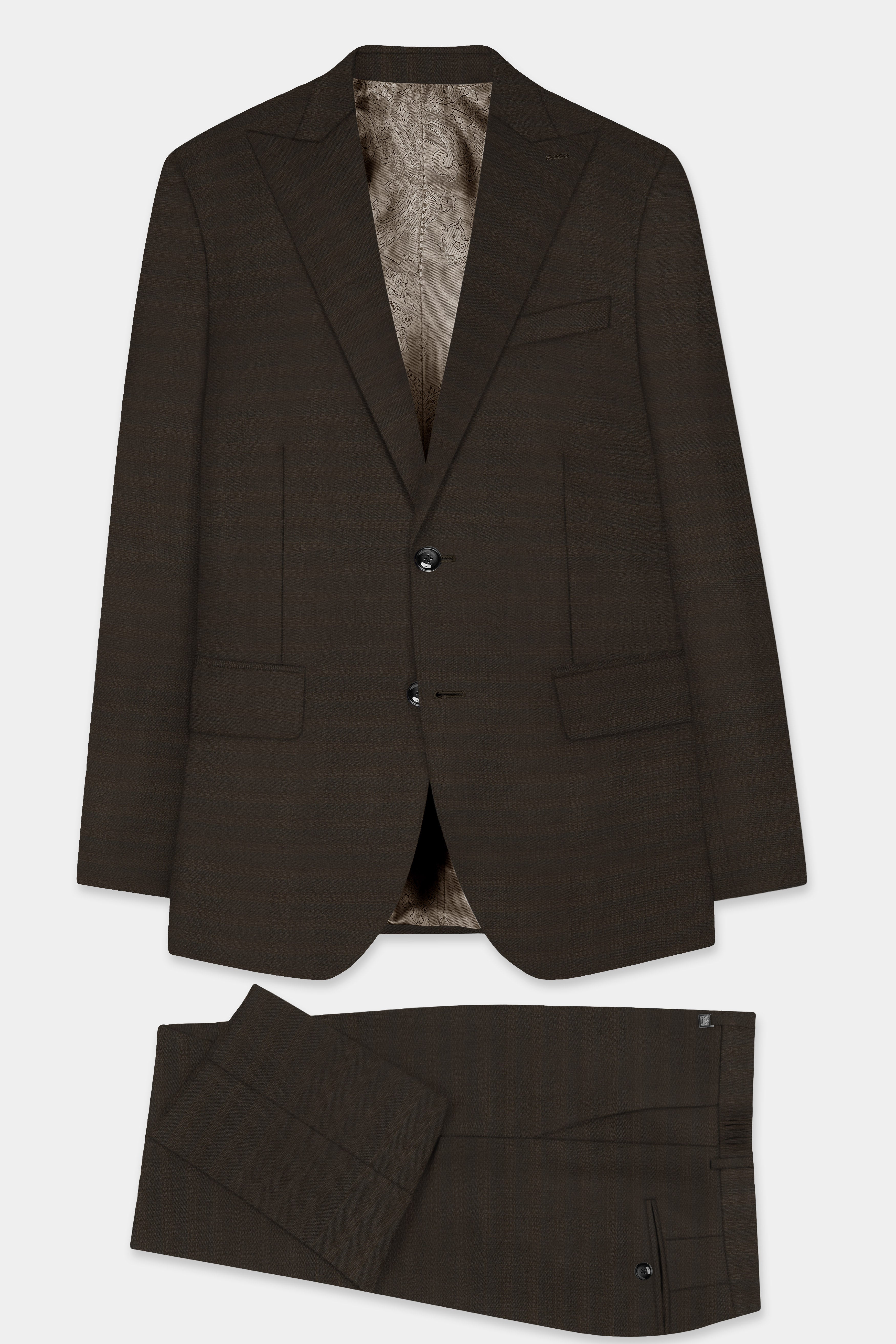 Piano Brown Textured Wool Rich Single Breasted Peak lapel Suit