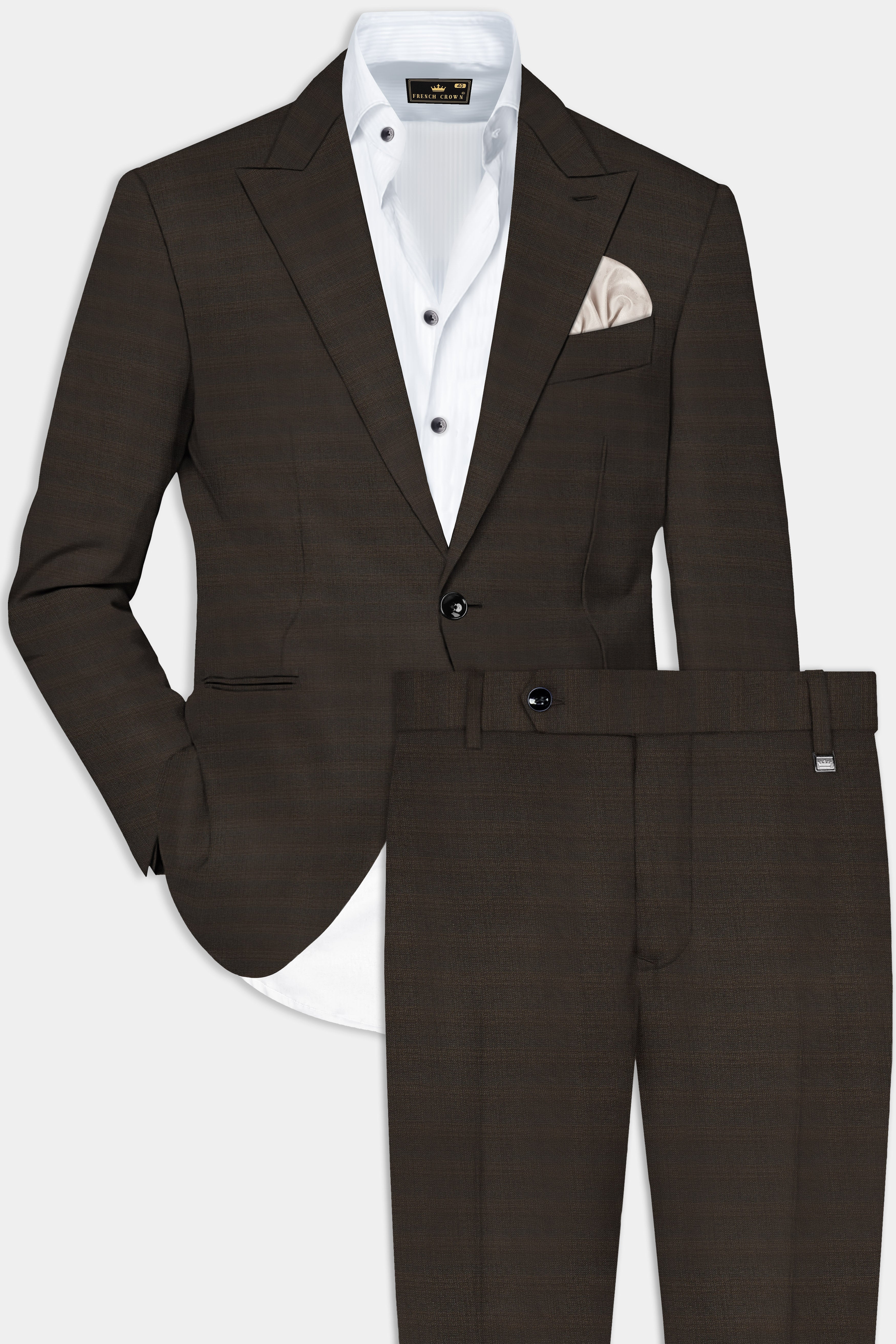 Piano Brown Textured Wool Rich Single Breasted Peak lapel Suit