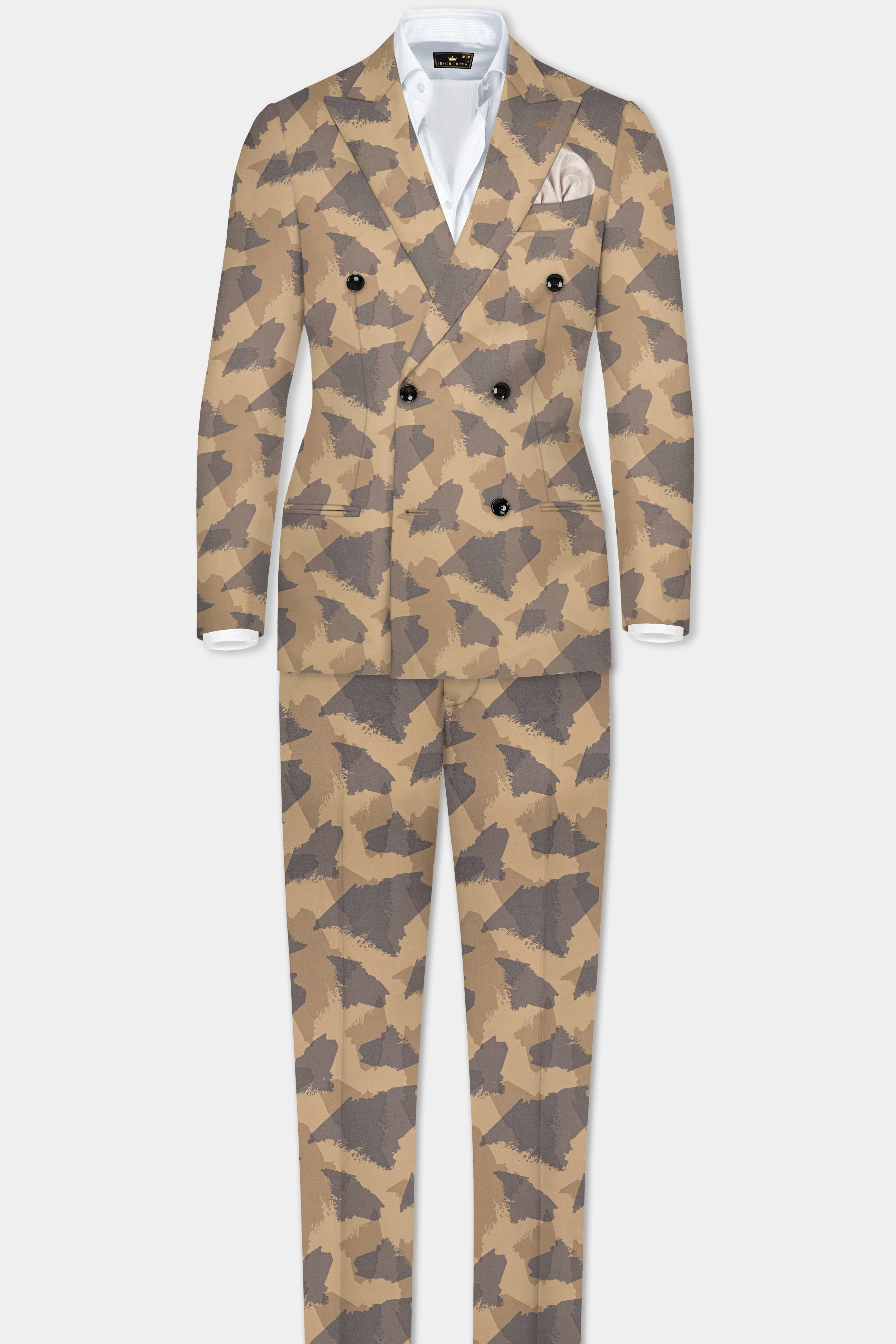 Mongoose Cream And Scorpion Brown Camouflage Printed Cotton Double Breasted Slim Lapel Suit