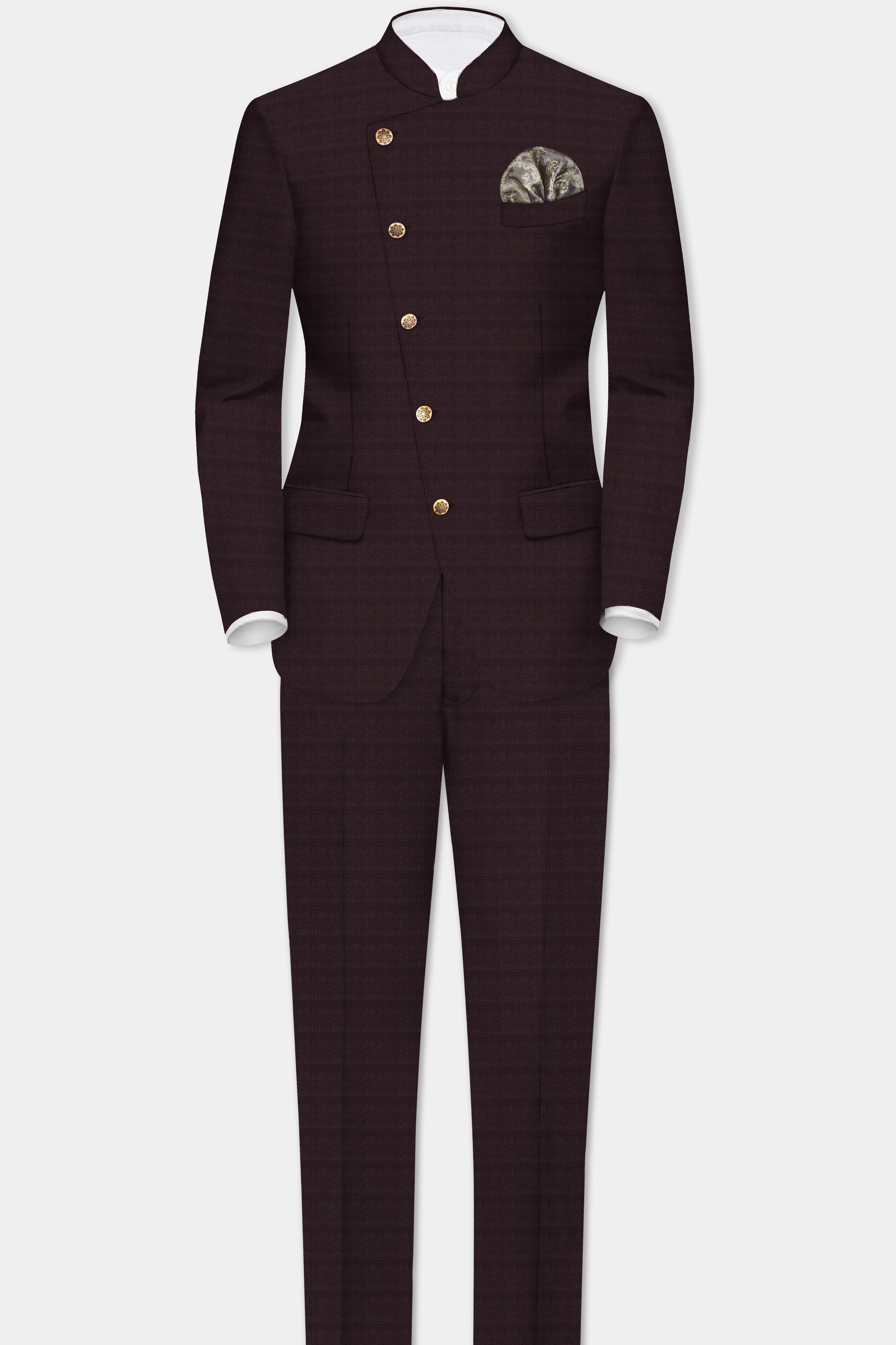 Bitrot Maroon Textured Wool Rich Cross Placket Bandhgala Suit